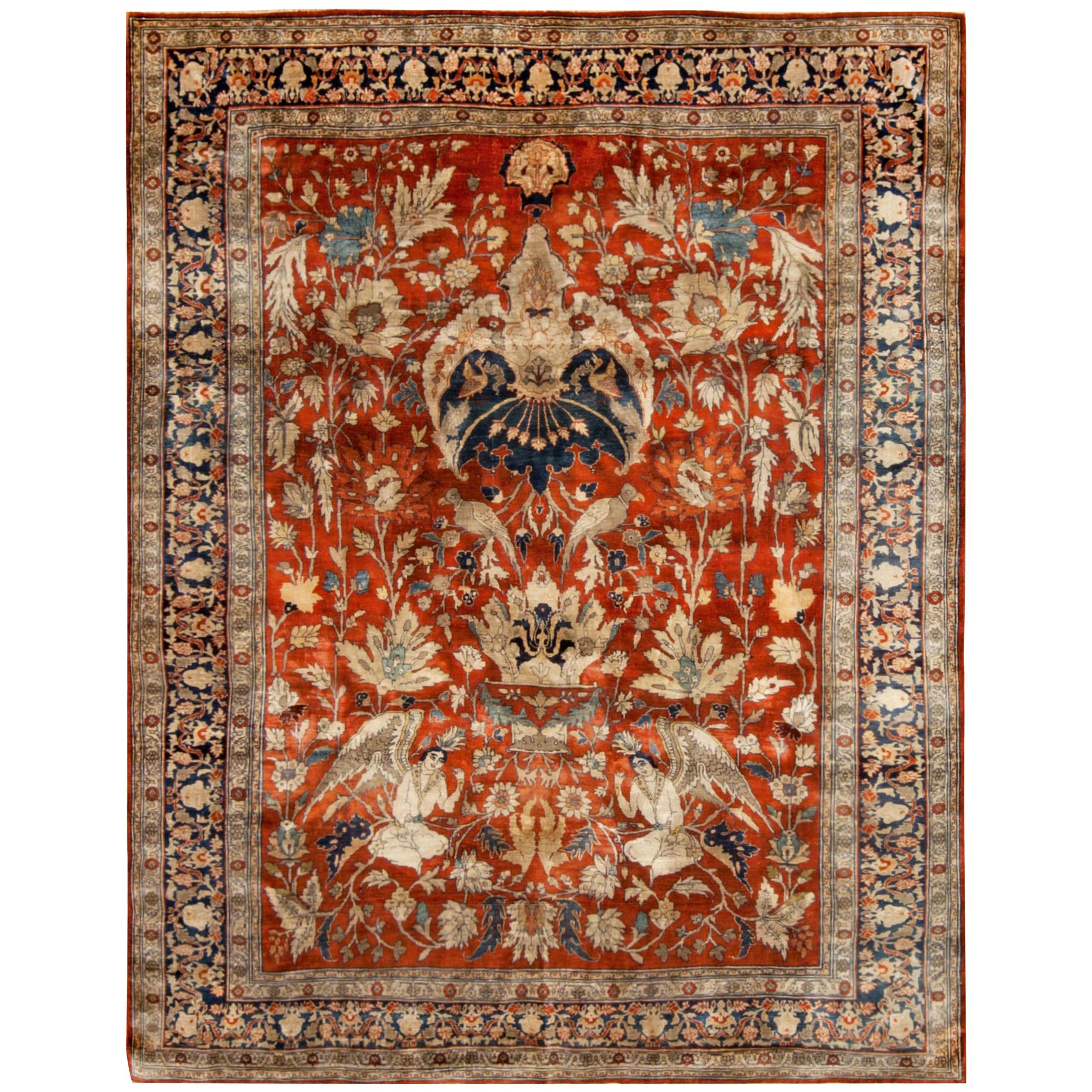 19th Century Persian Tabriz Silk Red, Navy Blue Rug For Sale