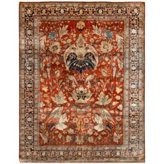 Antique 19th Century Persian Tabriz Silk Red, Navy Blue Rug