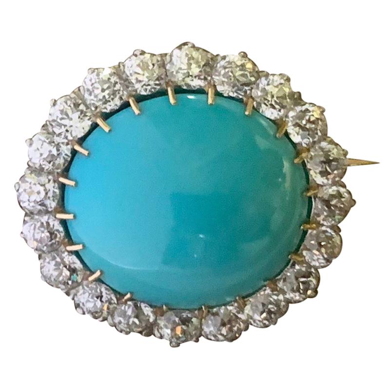 19th Century Persian Turquoise Old Mine Diamond Gold Brooch