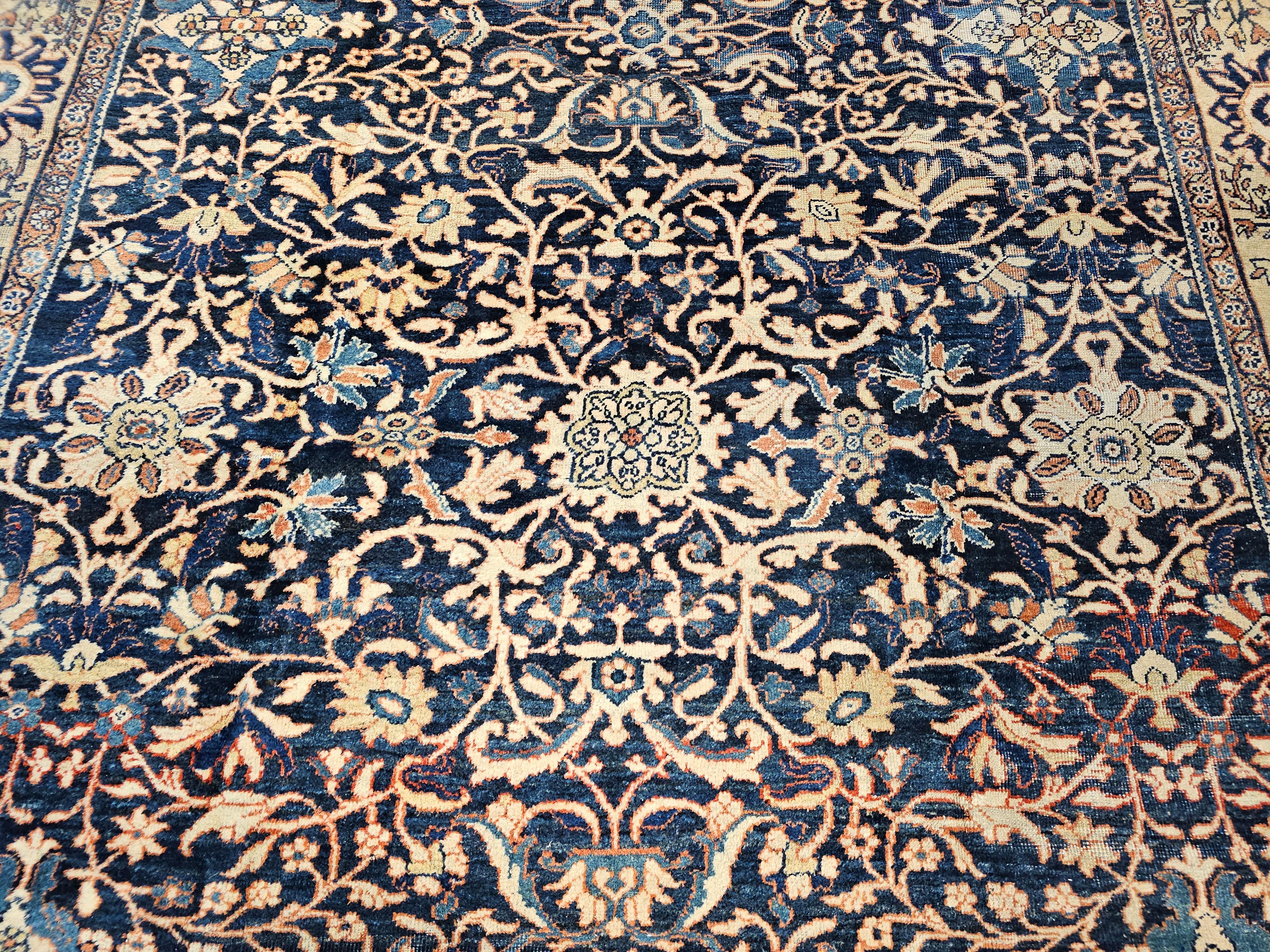 Wool 19th Century Persian Ziegler Mahal Sultanabad in All-Over Pattern in Navy, Ivory For Sale