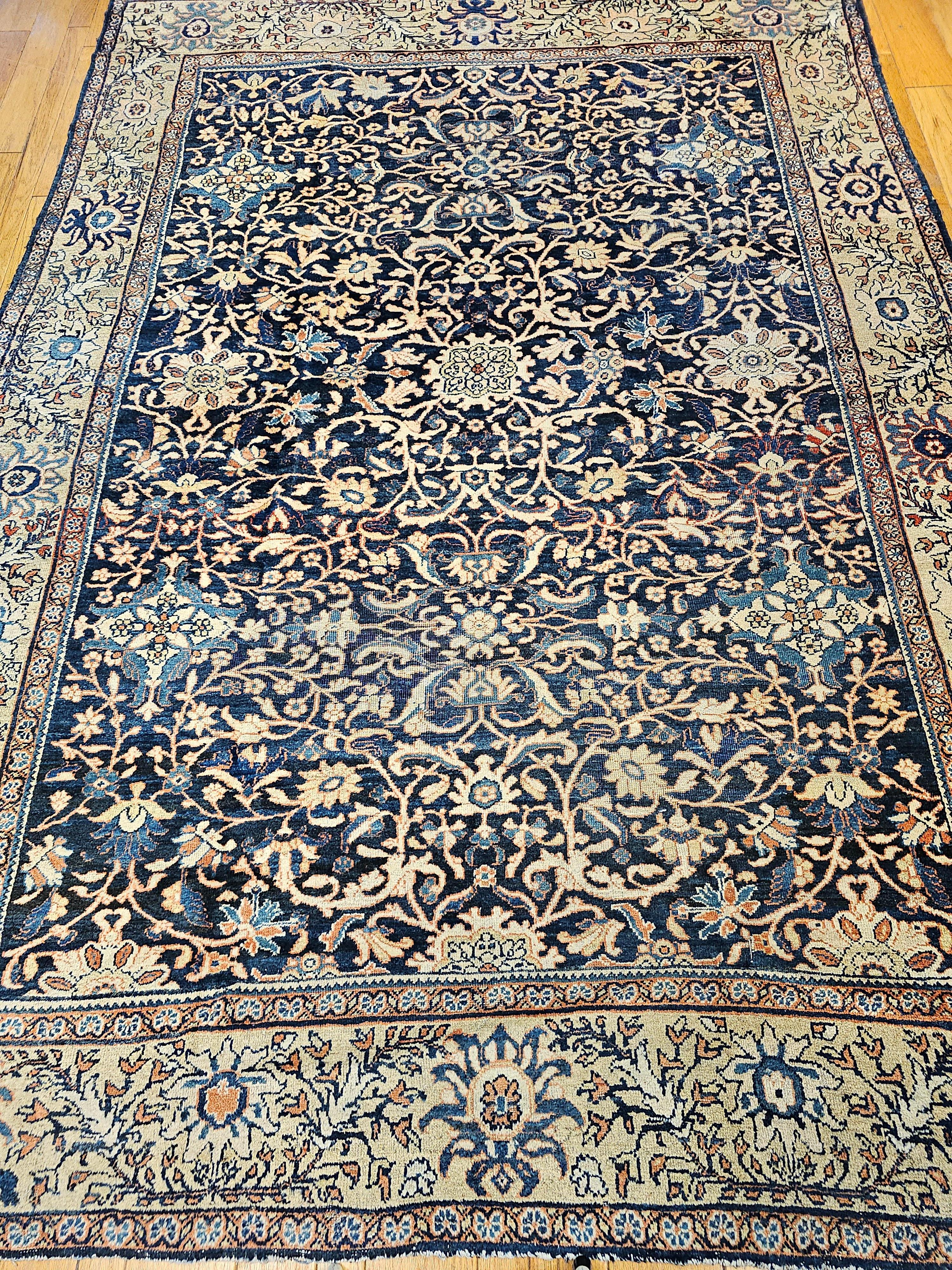 19th Century Persian Ziegler Mahal Sultanabad in All-Over Pattern in Navy, Ivory For Sale 4