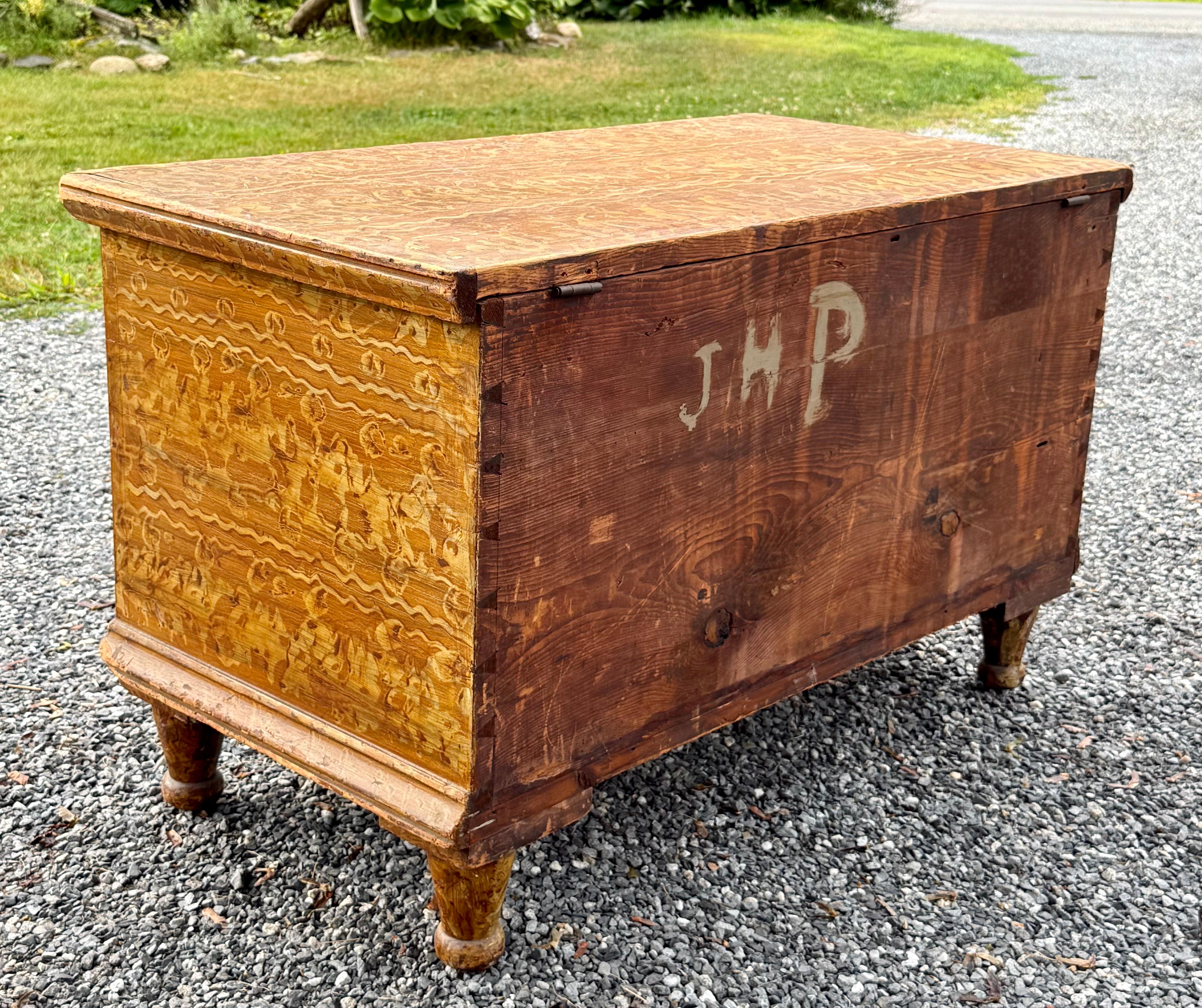 A great folky painted chest dated 1867 on the front.  This pine six board blanket box with a double interior till, hinged lid and original paint decoration. It is inscribed in decoration ‘1867’ and initialed on top ‘JHP’ and on the reverse. 