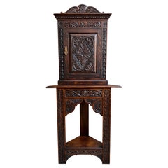 19th century Petite Antique English Corner Cabinet Carved Oak British Bookcase