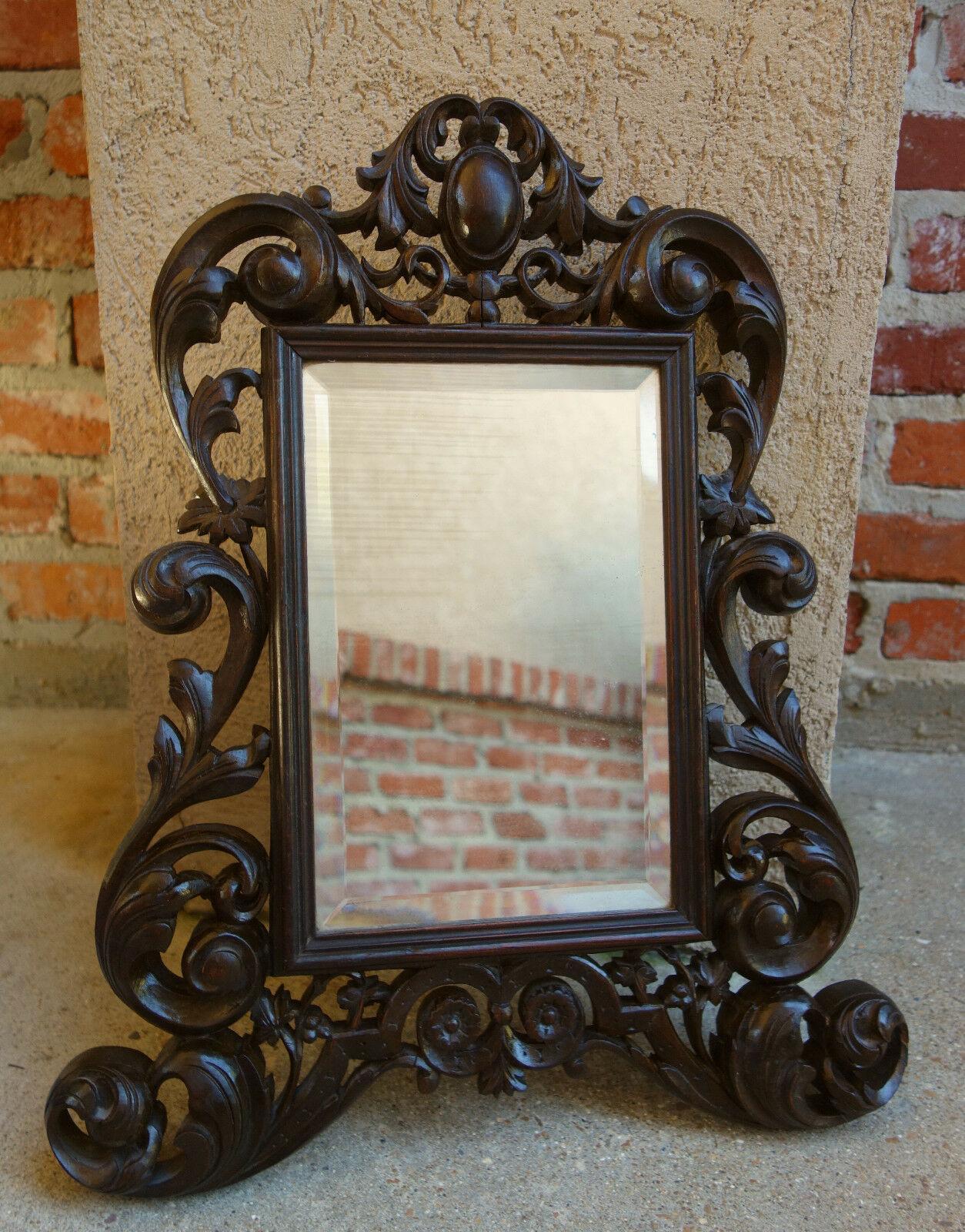 19th Century Petite Antique French Carved Dark Oak Beveled Wall Mirror Louis XV In Good Condition In Shreveport, LA