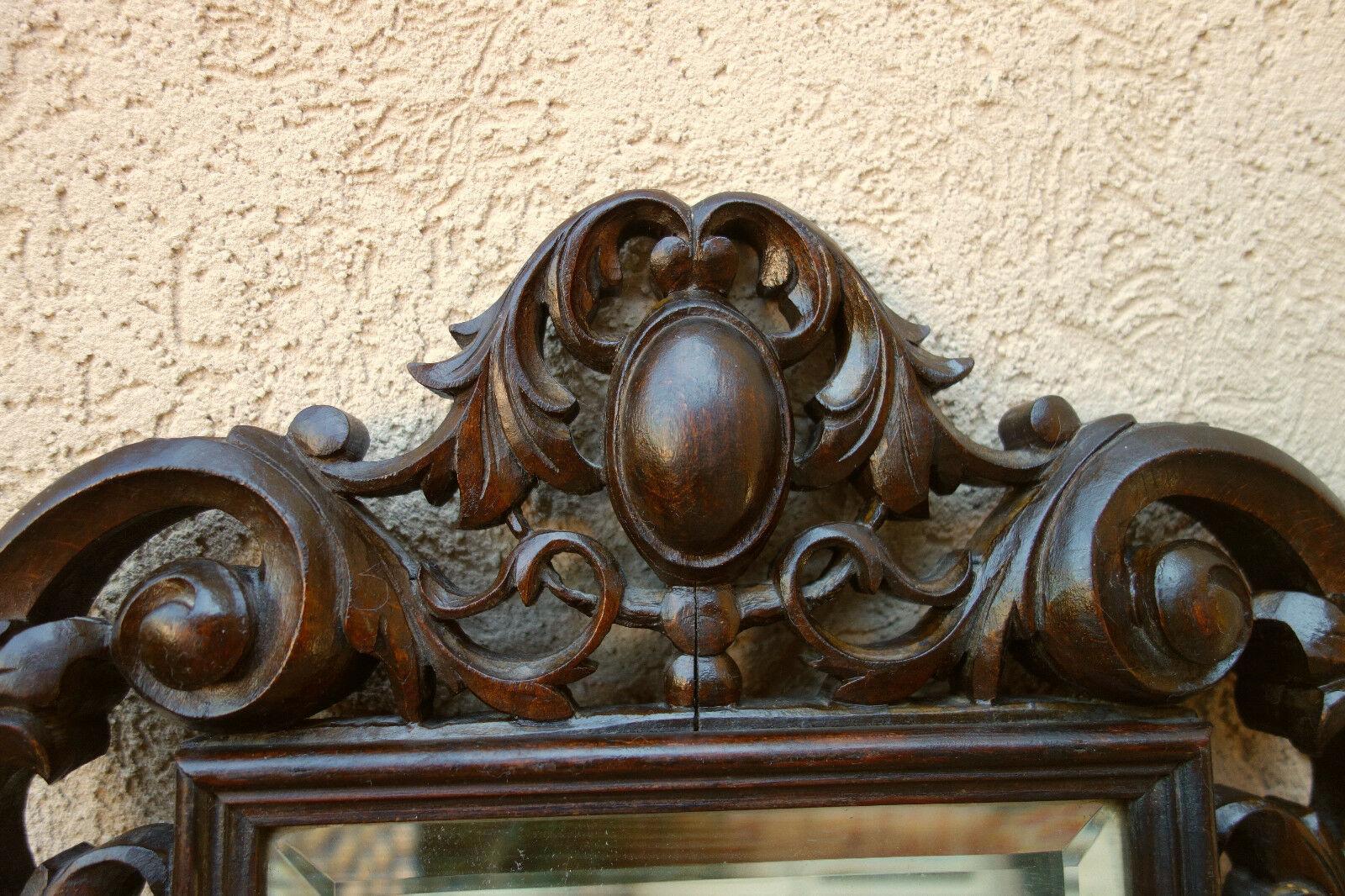 19th Century Petite Antique French Carved Dark Oak Beveled Wall Mirror Louis XV 2
