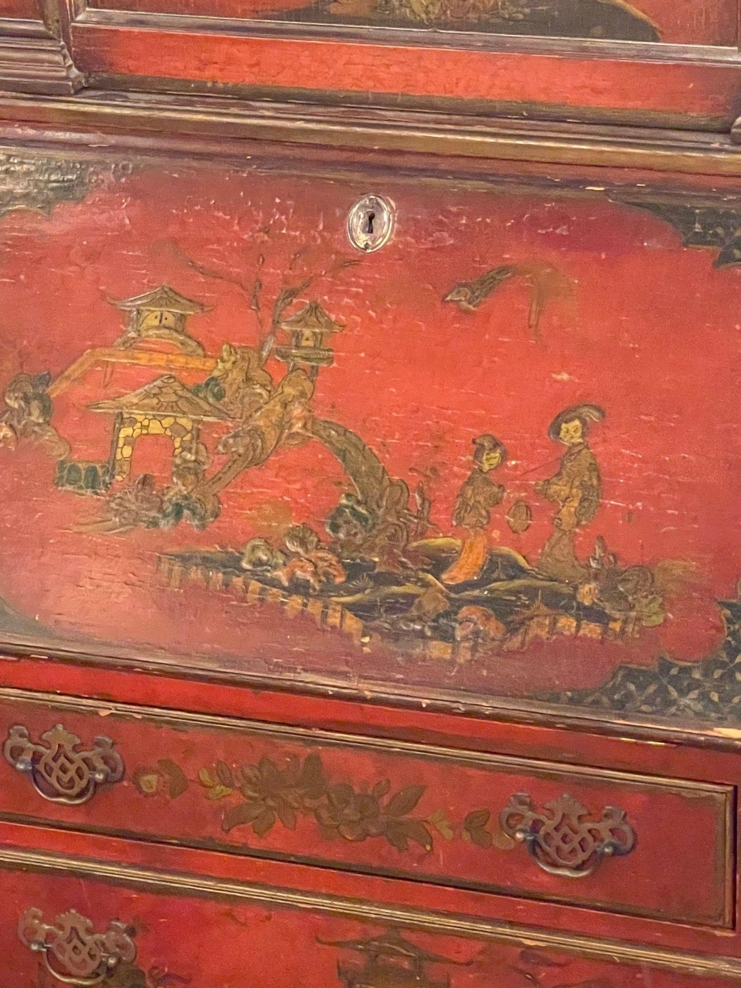Hand-Painted 19th Century Petite English Red Chinoiserie Secretary For Sale