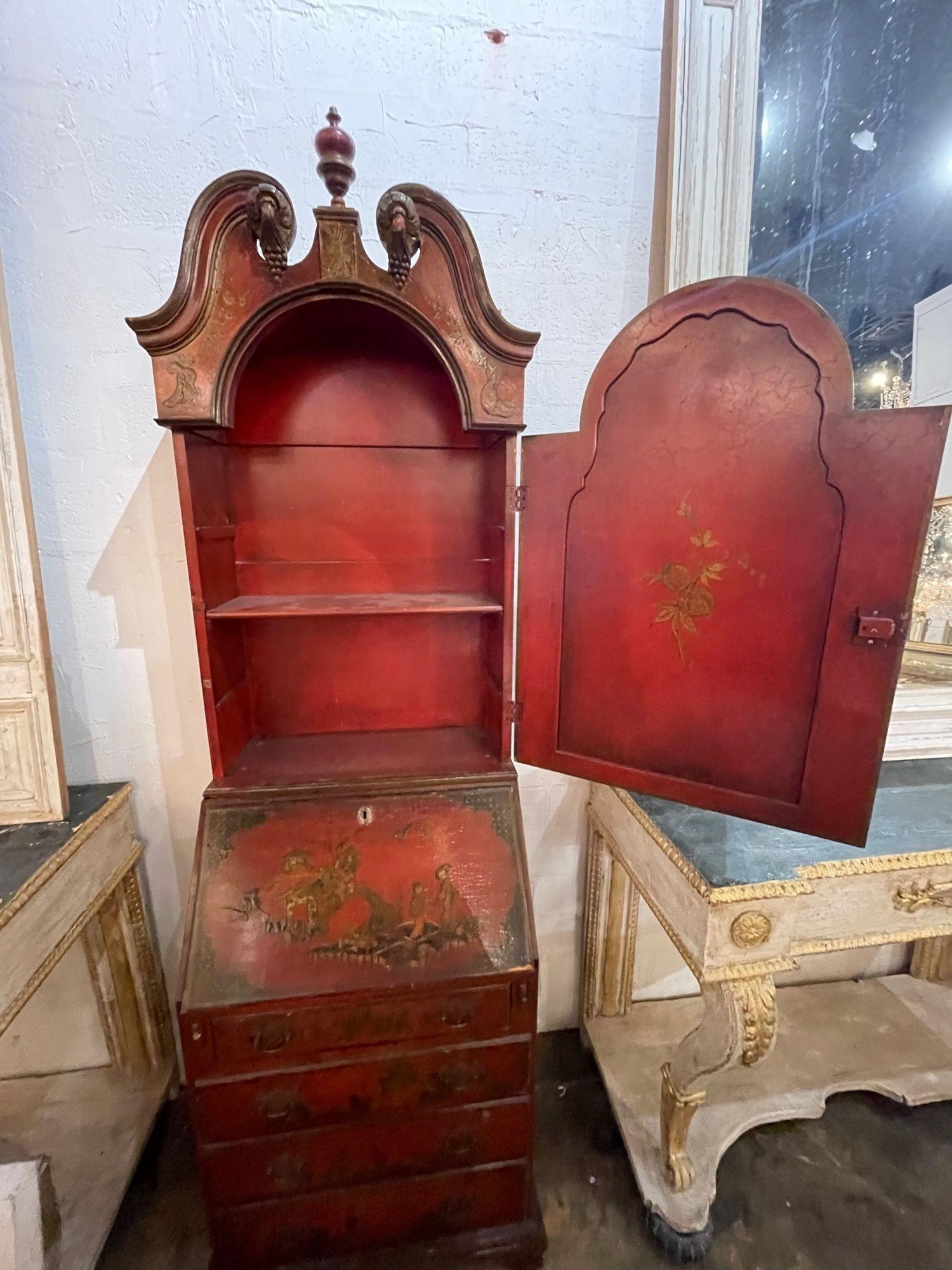 19th Century Petite English Red Chinoiserie Secretary For Sale 1