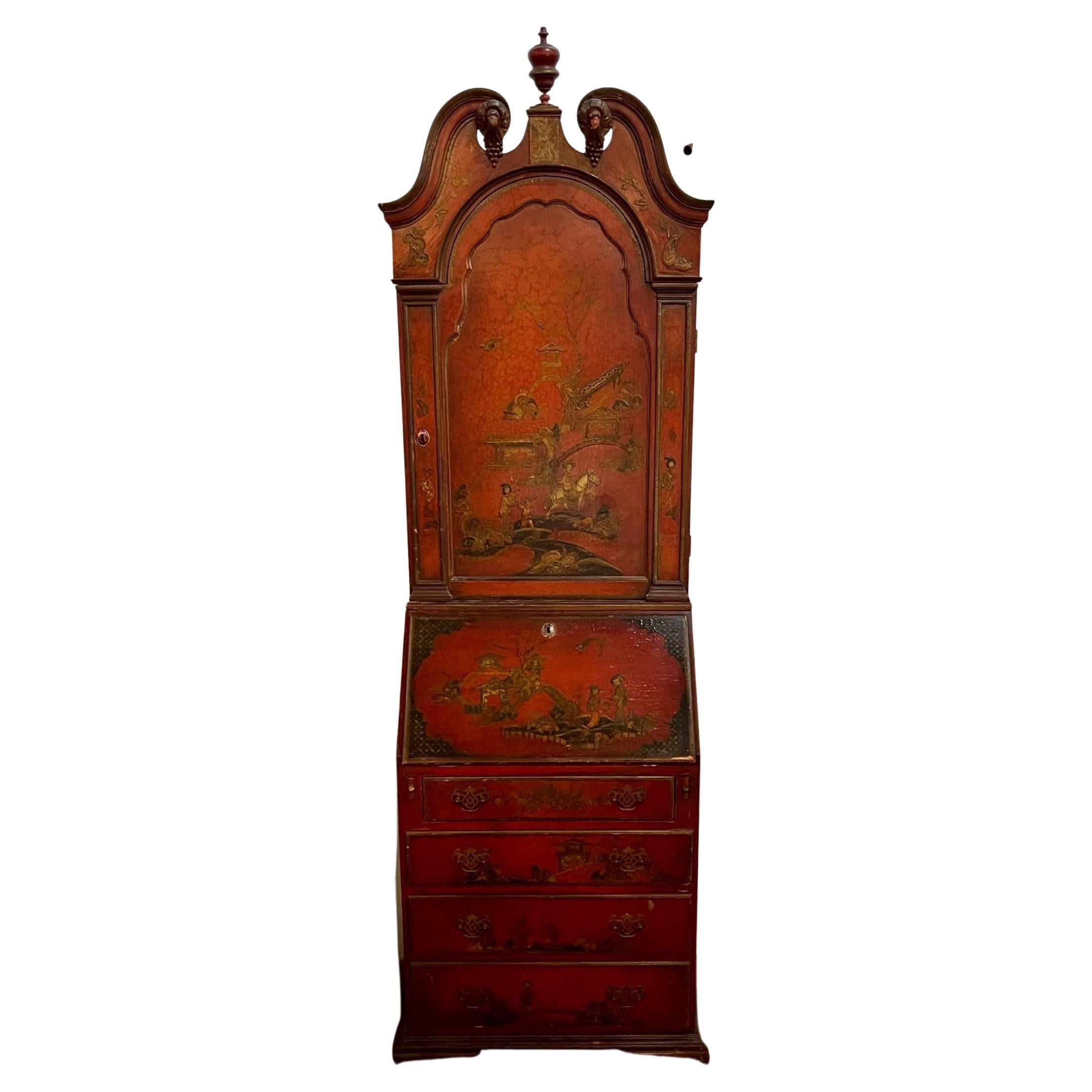 19th Century Petite English Red Chinoiserie Secretary For Sale