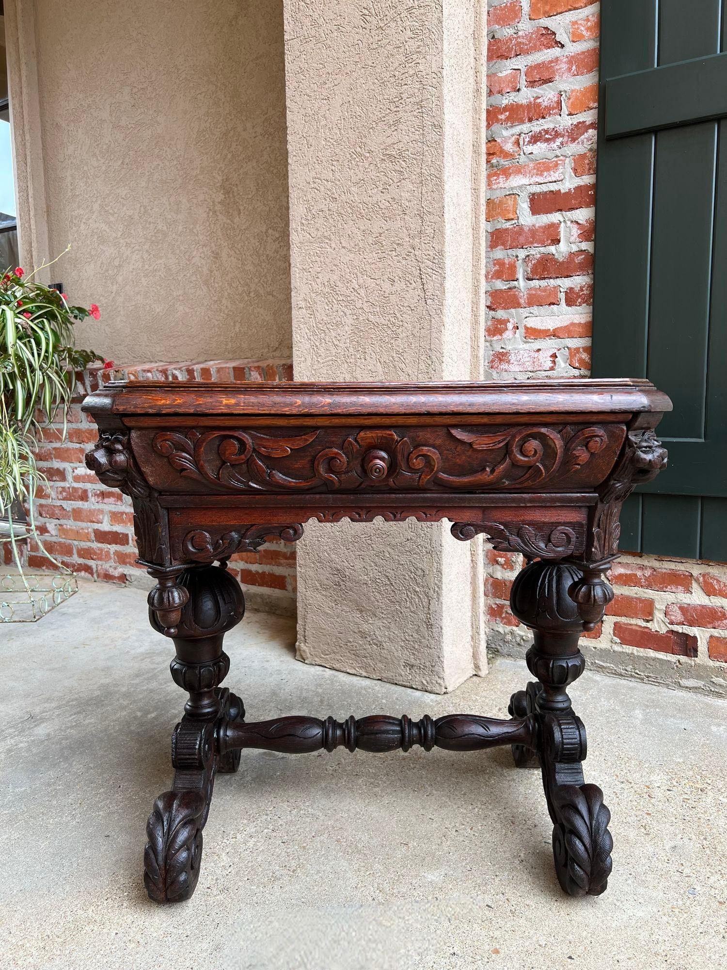 19th Century Petite English Sofa Table Library Desk Renaissance Carved Oak For Sale 8