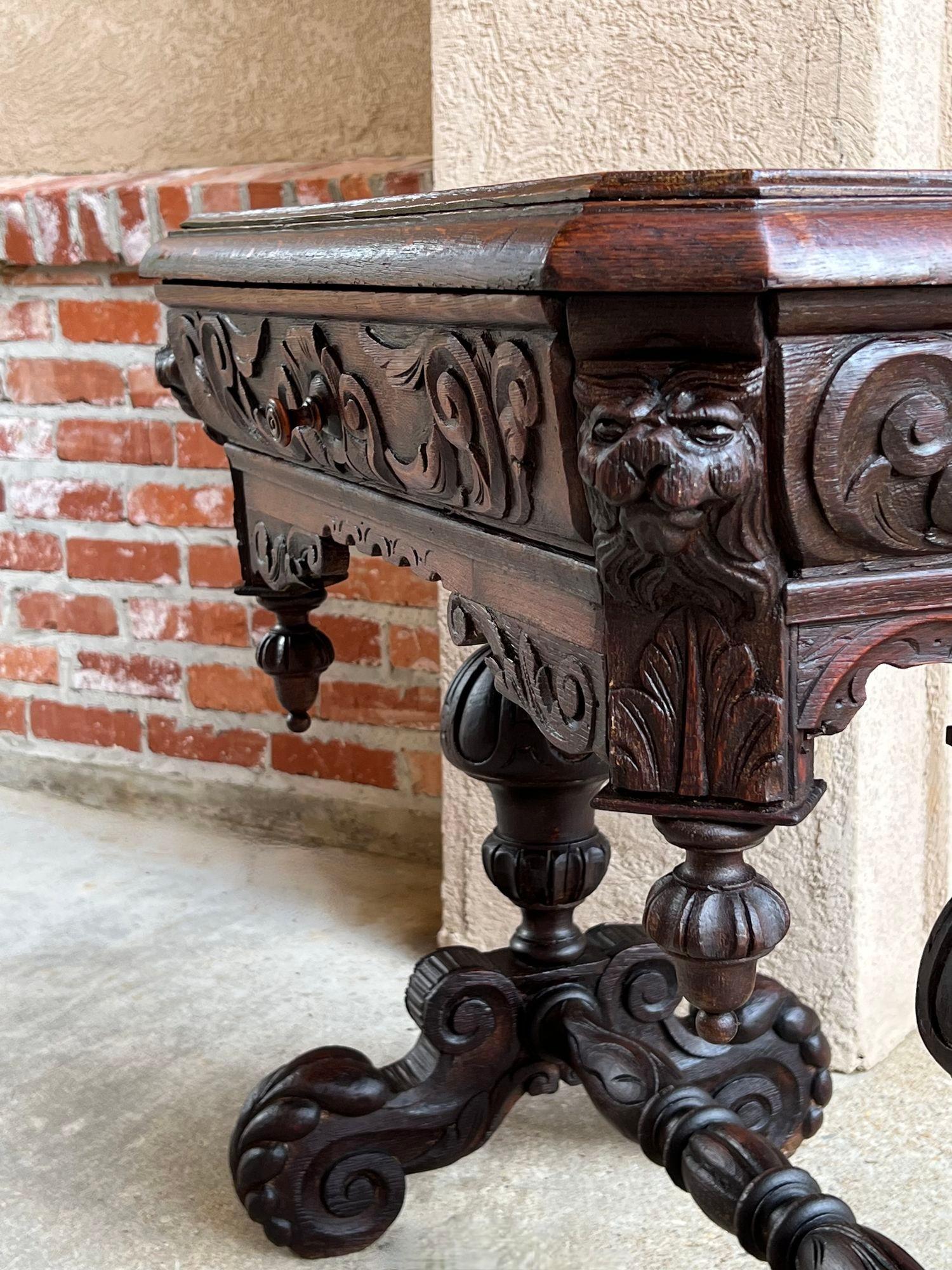 19th Century Petite English Sofa Table Library Desk Renaissance Carved Oak For Sale 11