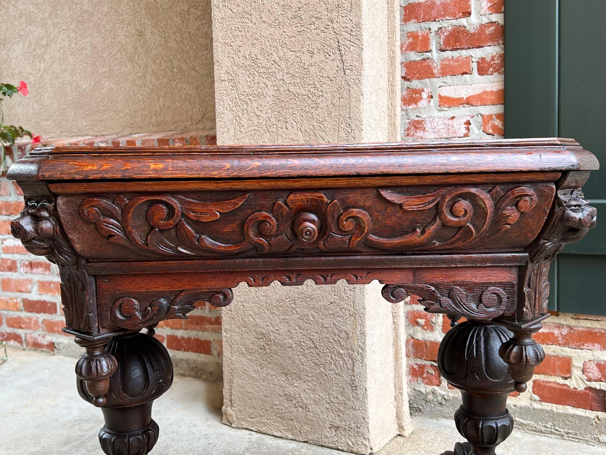 British 19th Century Petite English Sofa Table Library Desk Renaissance Carved Oak For Sale