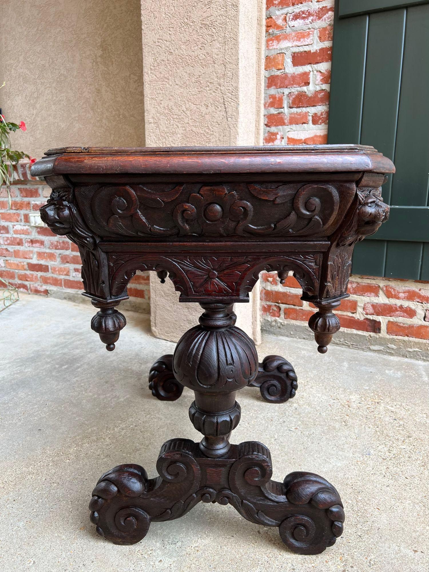Hand-Carved Antique Petite English Sofa Table Library Desk Renaissance Carved Oak c1890 For Sale