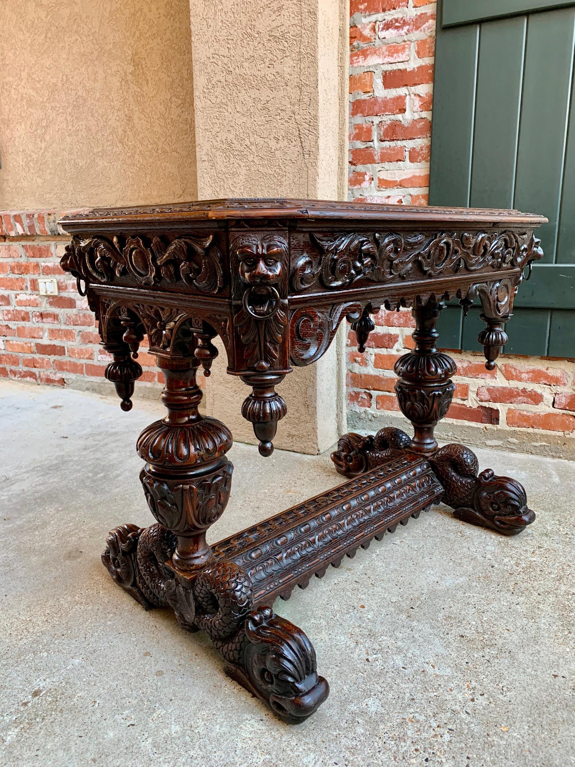 19th Century Petite French Carved Oak Dolphin Table Desk Renaissance Gothic 6