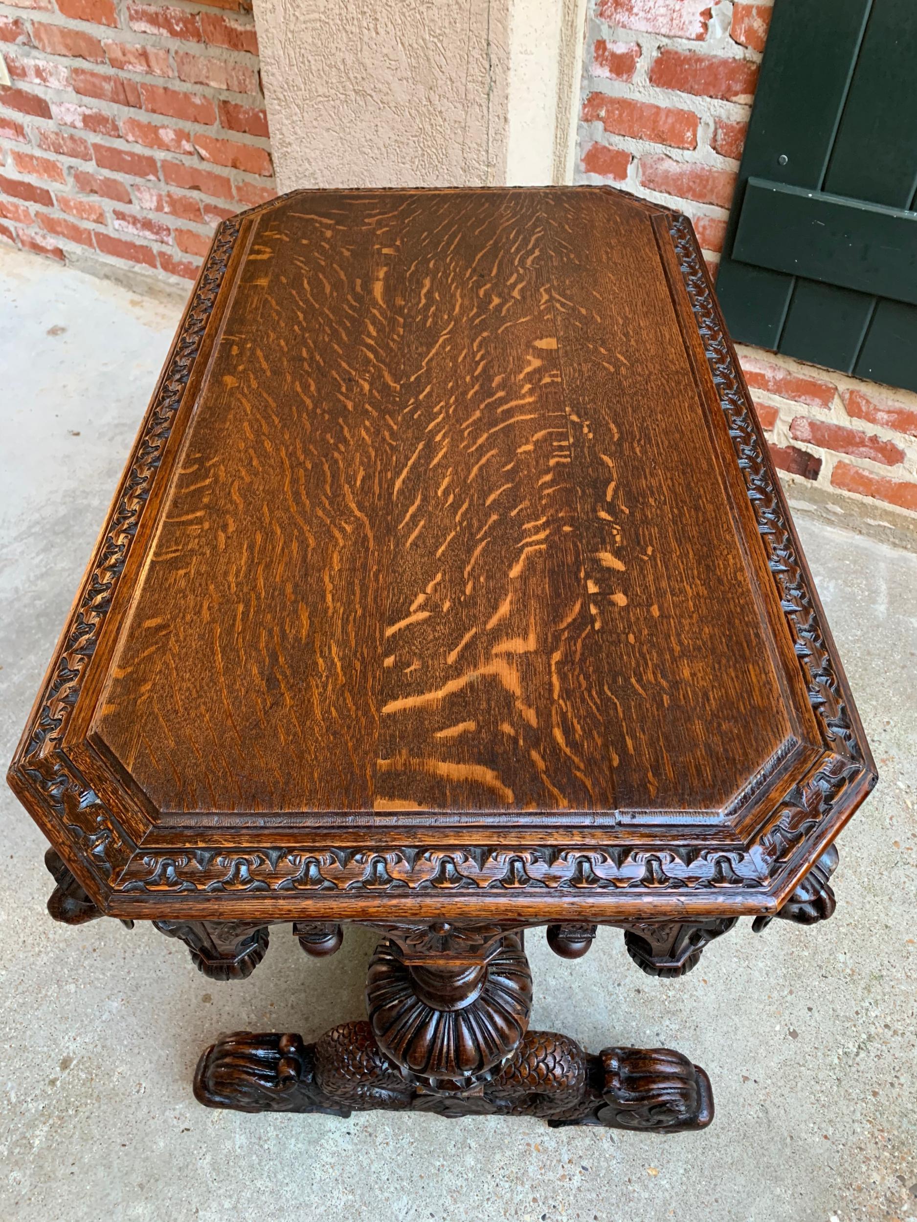 19th Century Petite French Carved Oak Dolphin Table Desk Renaissance Gothic 7