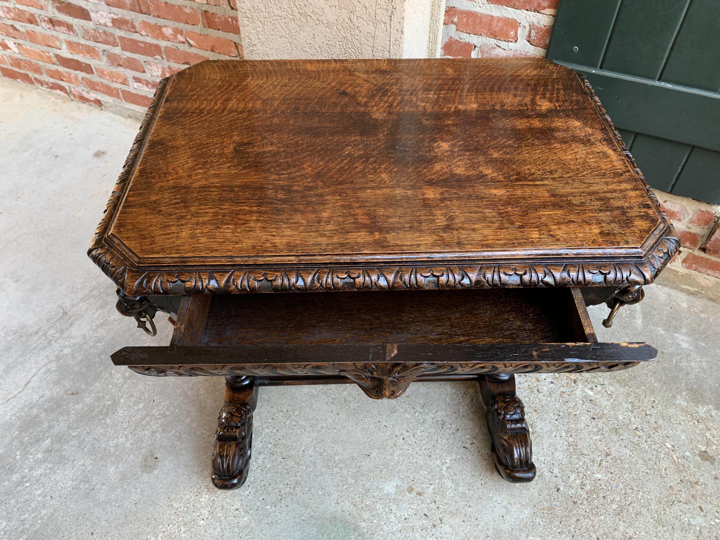 19th Century Petite French Carved Oak Dolphin Table Desk Renaissance Gothic 7