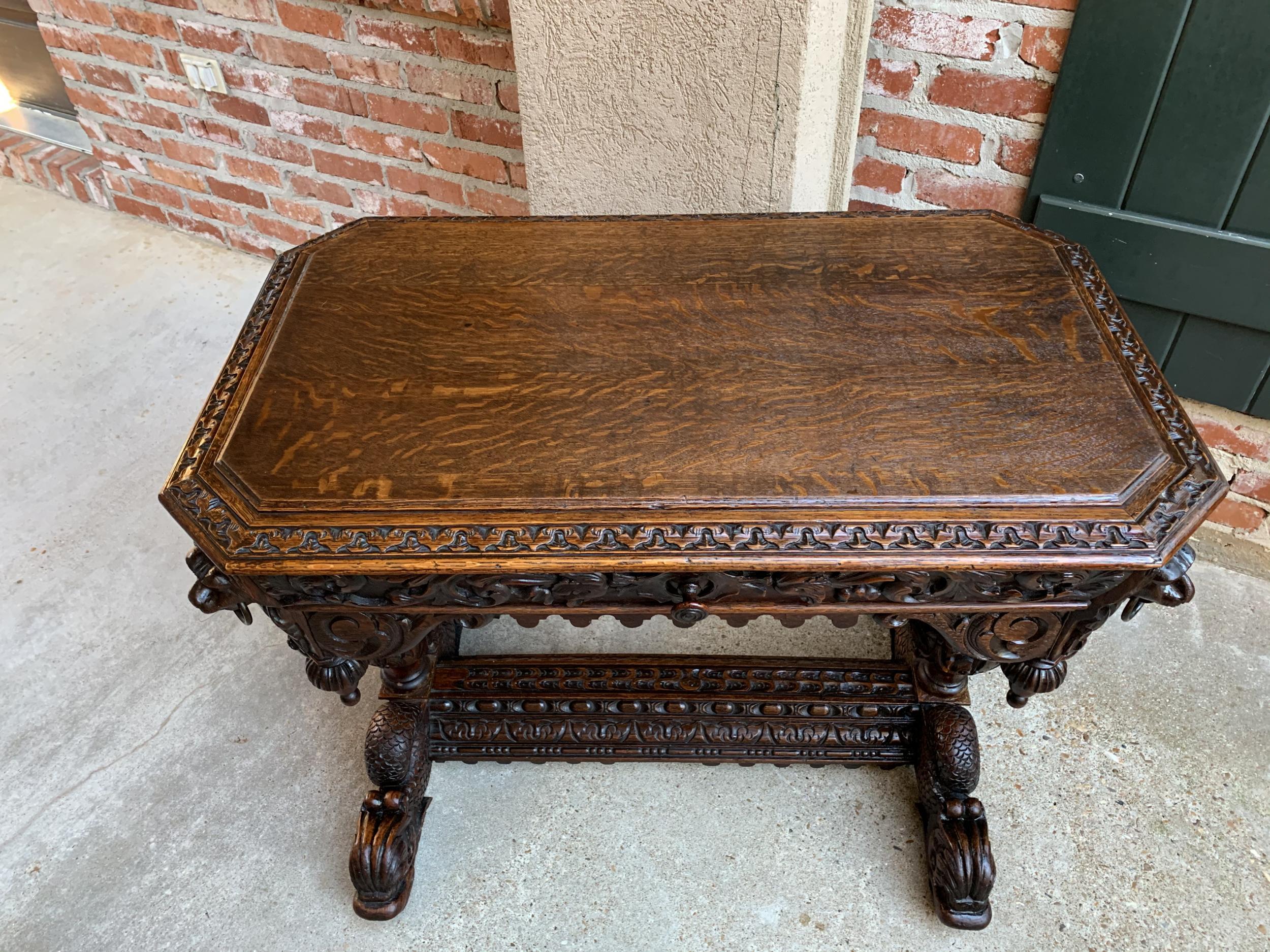 19th Century Petite French Carved Oak Dolphin Table Desk Renaissance Gothic 8