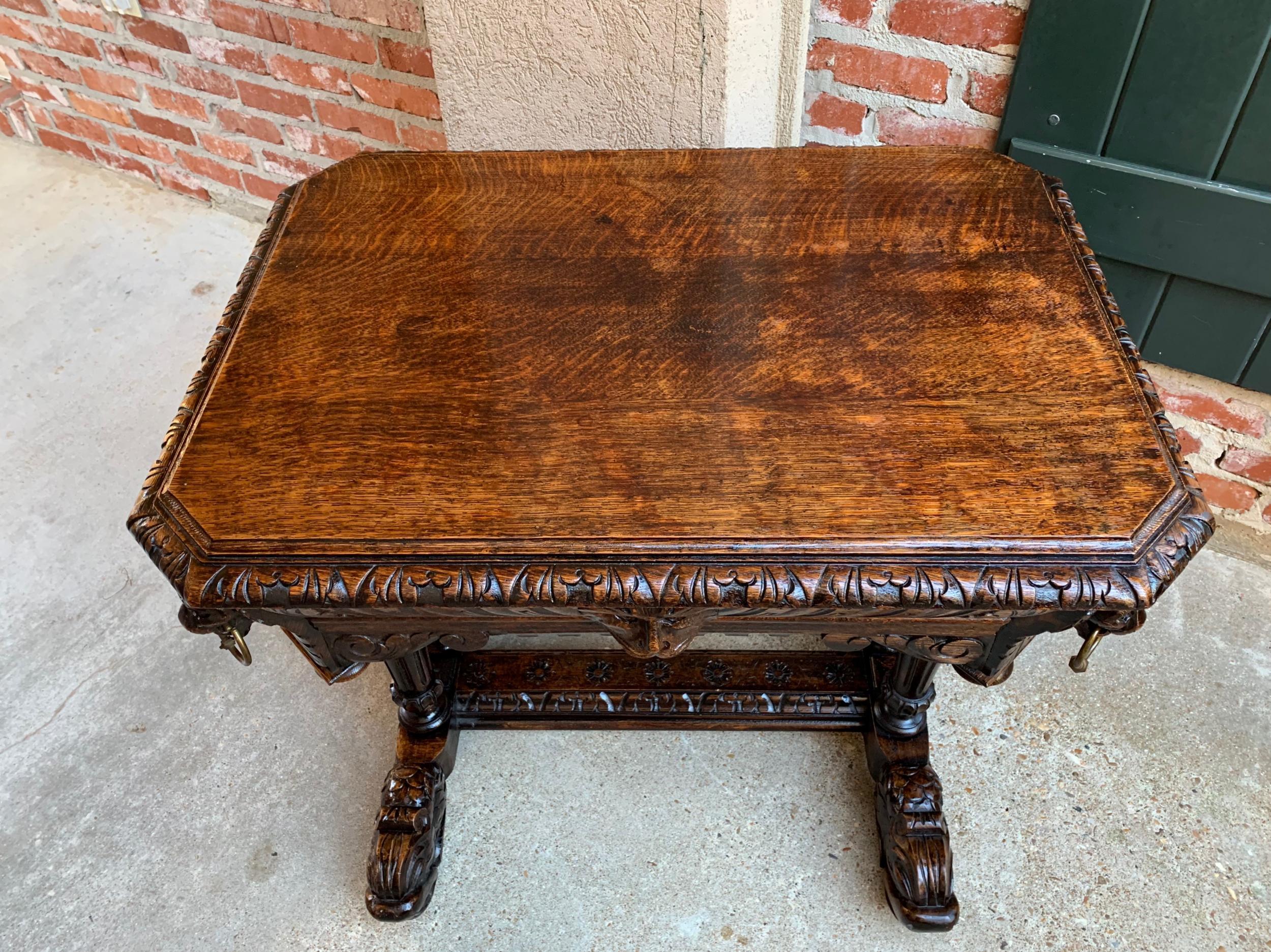 19th Century Petite French Carved Oak Dolphin Table Desk Renaissance Gothic 8