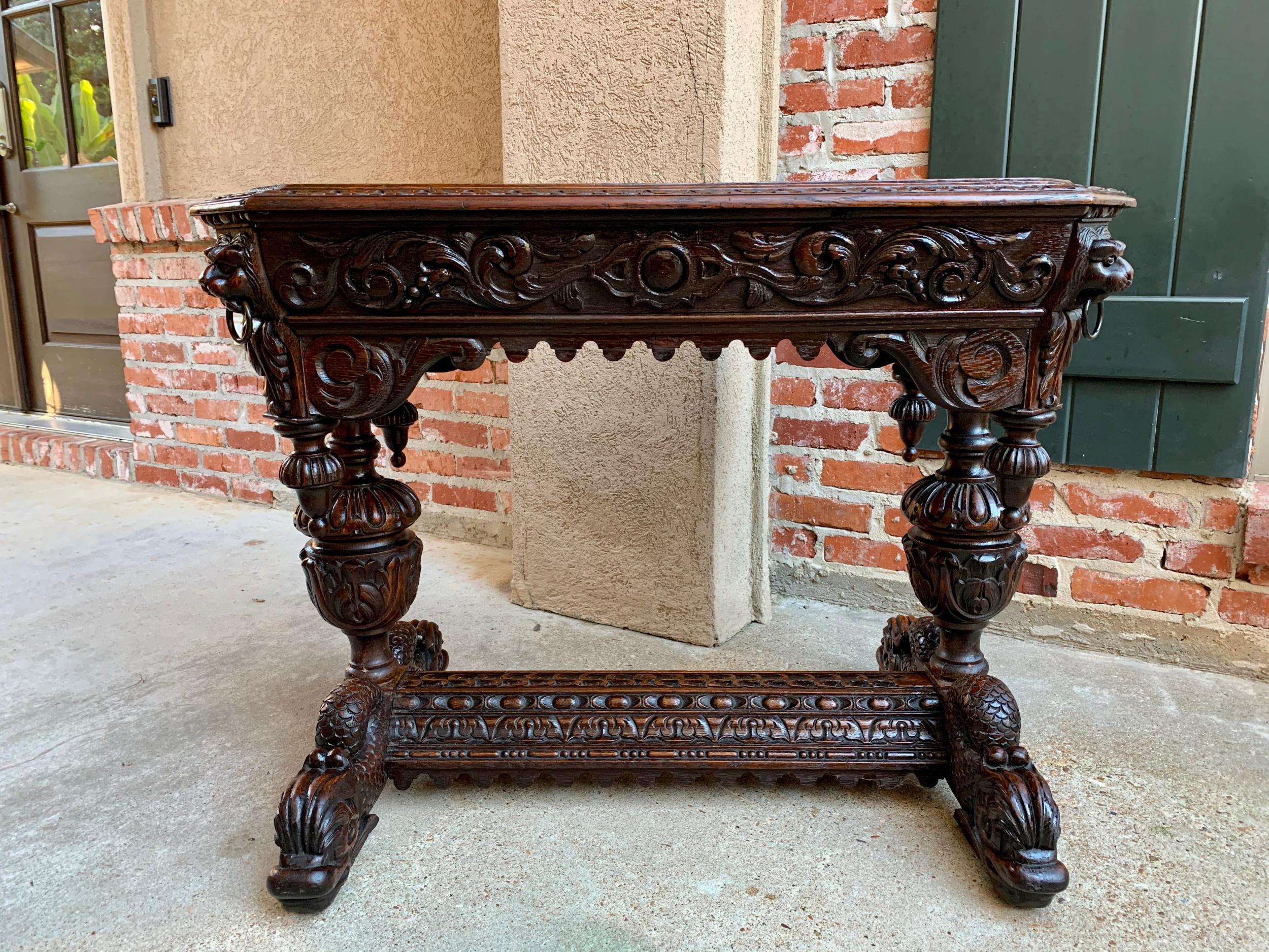 19th Century Petite French Carved Oak Dolphin Table Desk Renaissance Gothic 10