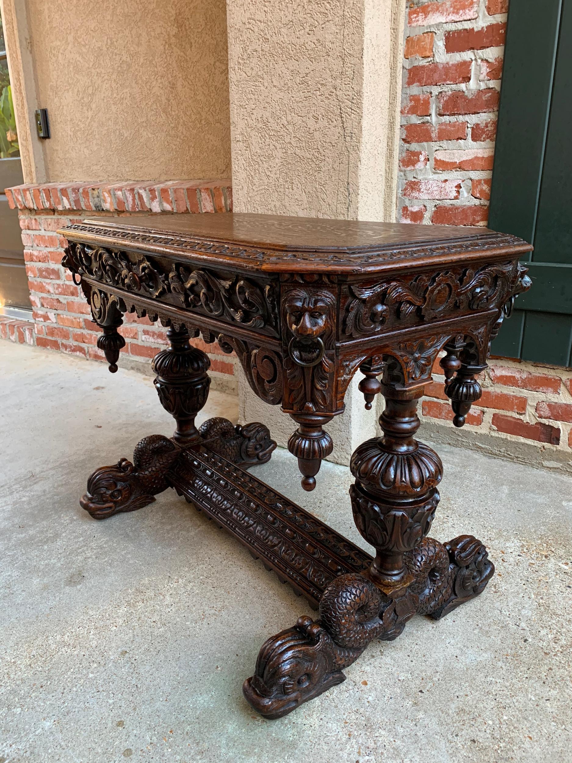19th Century Petite French Carved Oak Dolphin Table Desk Renaissance Gothic 11