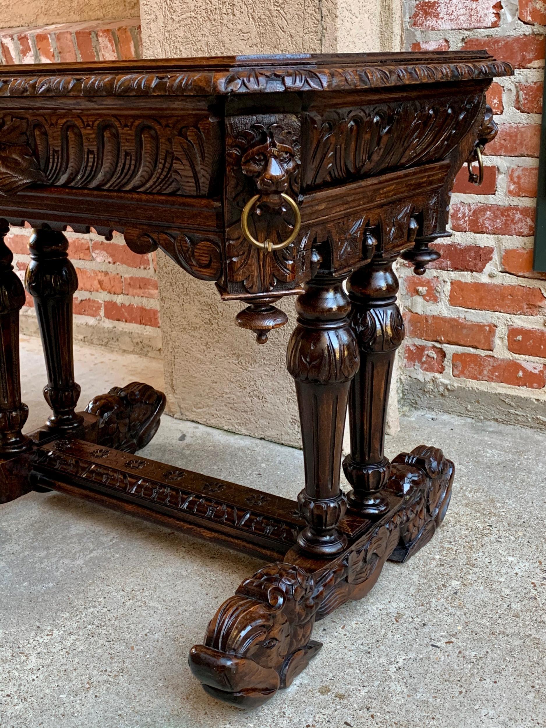19th Century Petite French Carved Oak Dolphin Table Desk Renaissance Gothic 11