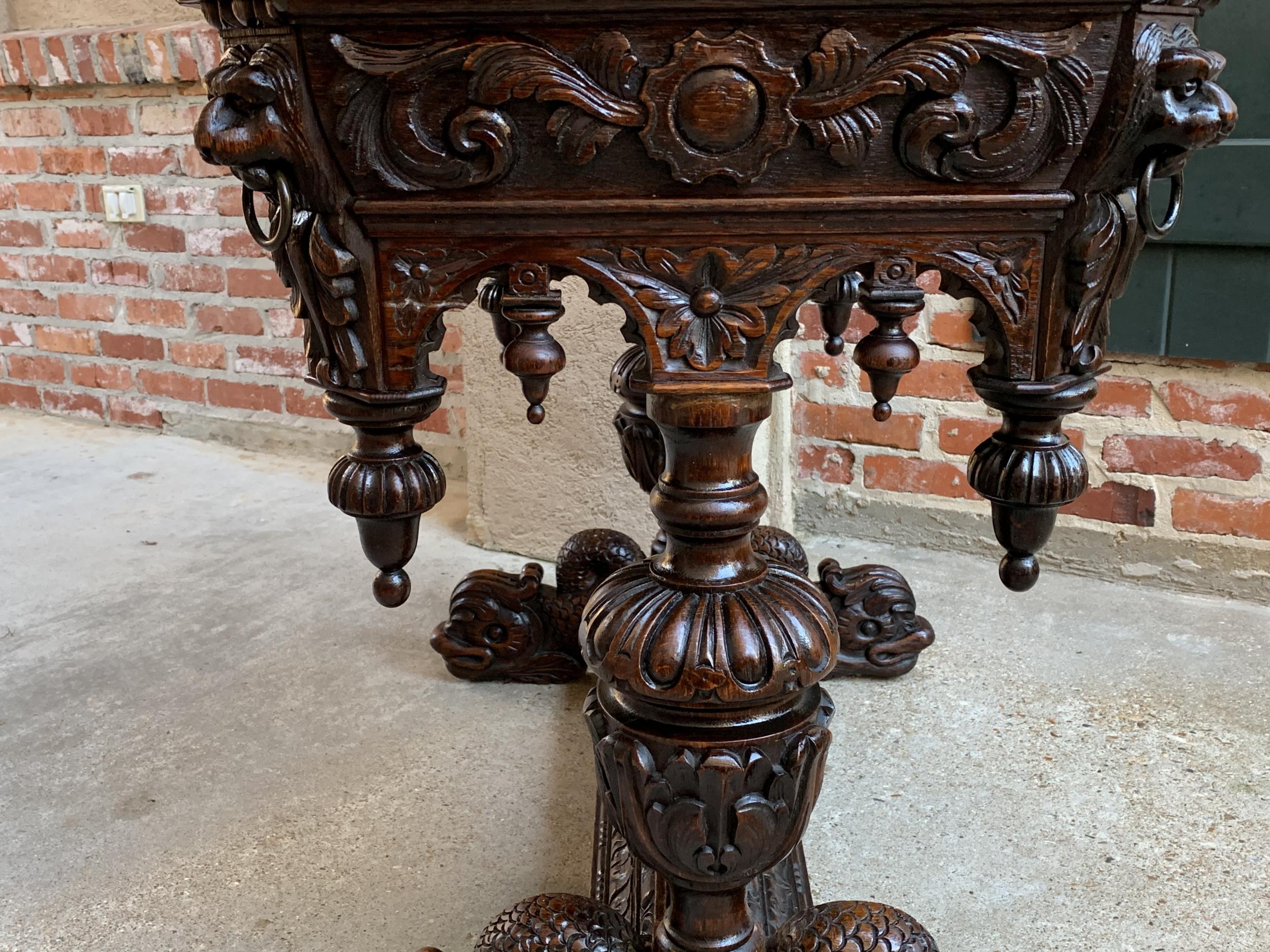 19th Century Petite French Carved Oak Dolphin Table Desk Renaissance Gothic 12