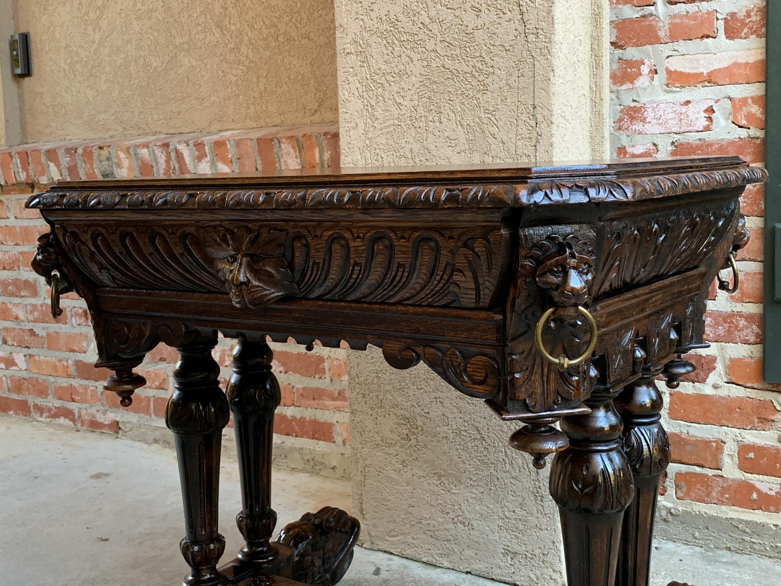 Hand-Carved 19th Century Petite French Carved Oak Dolphin Table Desk Renaissance Gothic