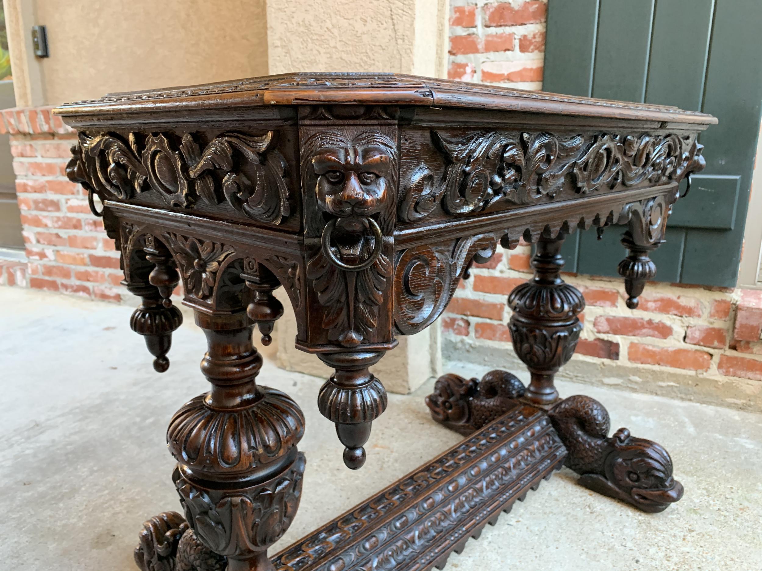 19th Century Petite French Carved Oak Dolphin Table Desk Renaissance Gothic In Good Condition In Shreveport, LA