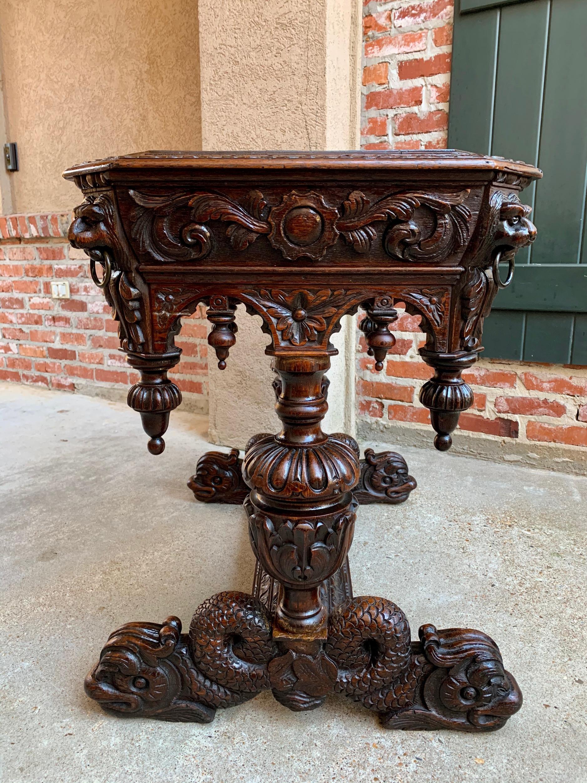 19th Century Petite French Carved Oak Dolphin Table Desk Renaissance Gothic 1