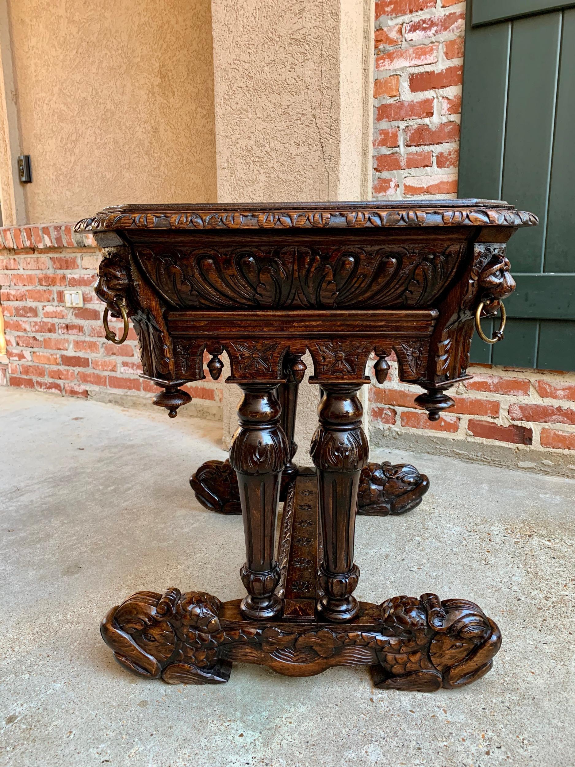 19th Century Petite French Carved Oak Dolphin Table Desk Renaissance Gothic 2
