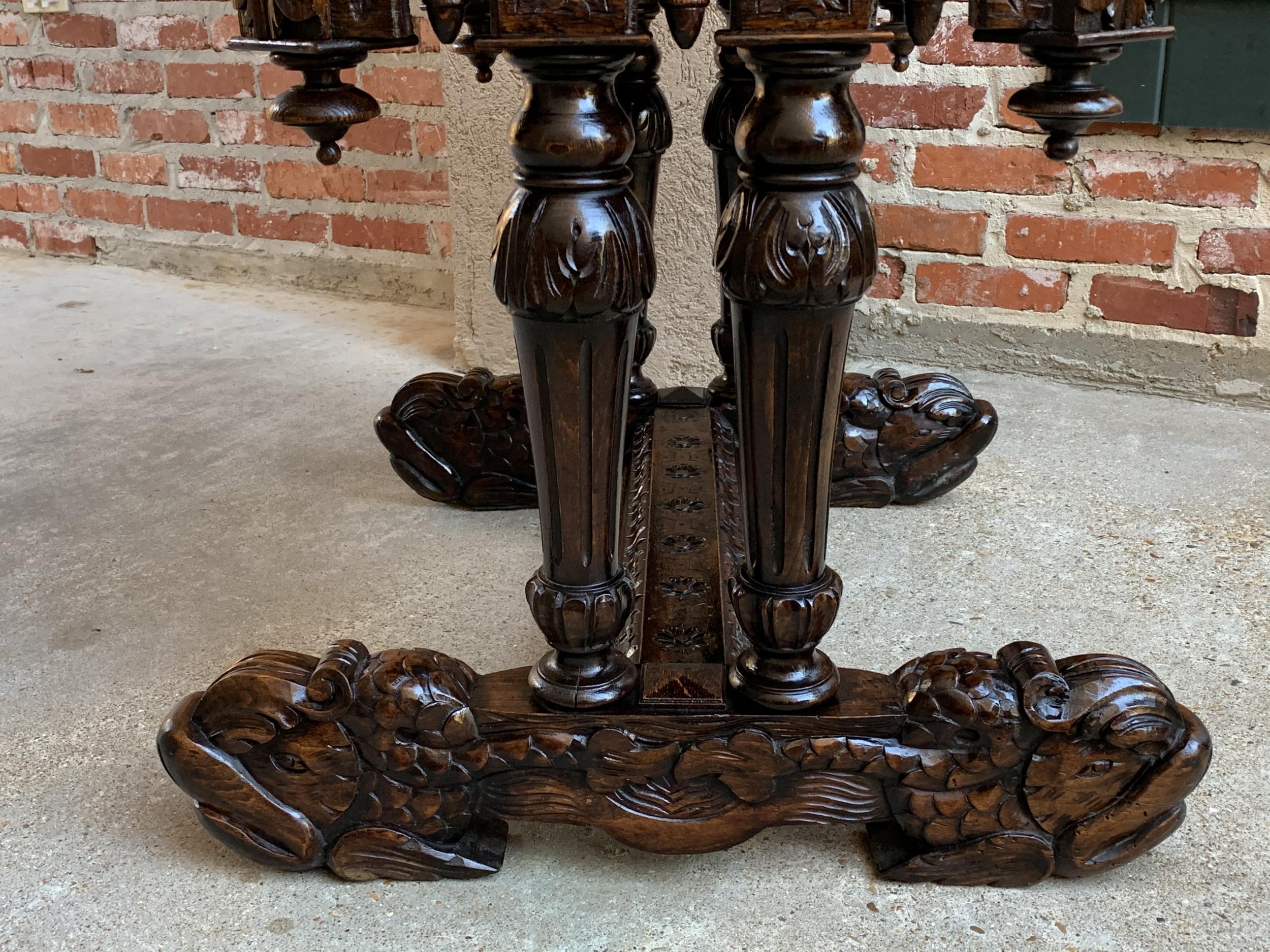 19th Century Petite French Carved Oak Dolphin Table Desk Renaissance Gothic 4