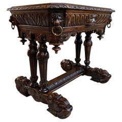 19th Century Petite French Carved Oak Dolphin Table Desk Renaissance Gothic