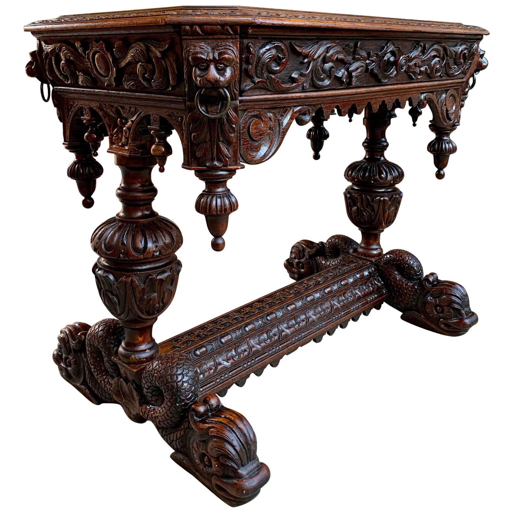 19th Century Petite French Carved Oak Dolphin Table Desk Renaissance Gothic