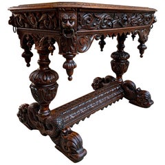 Antique 19th Century Petite French Carved Oak Dolphin Table Desk Renaissance Gothic