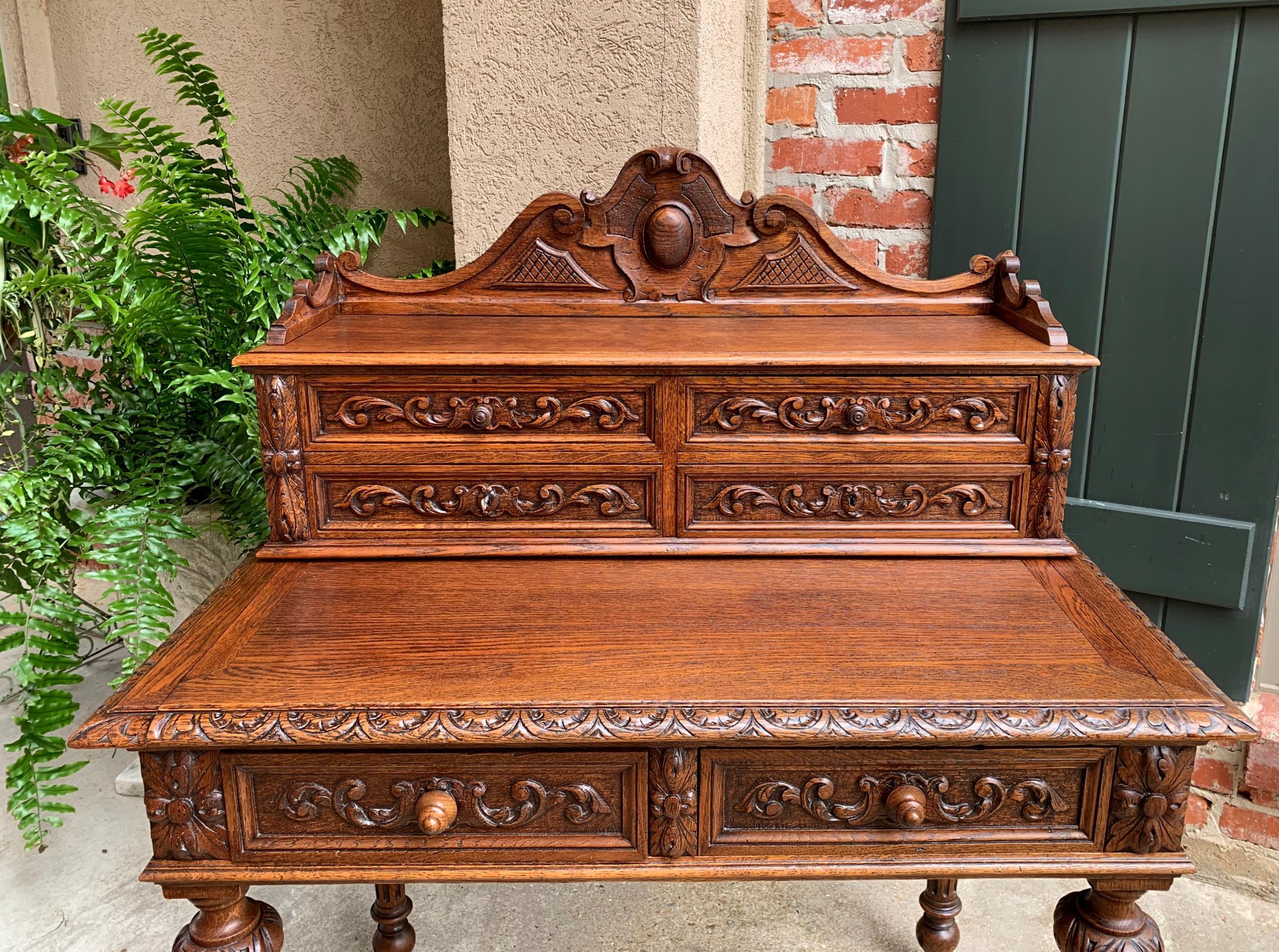 Antique Petite French Carved Oak Secretary Writing Desk Table Louis XVI c1890 For Sale 6