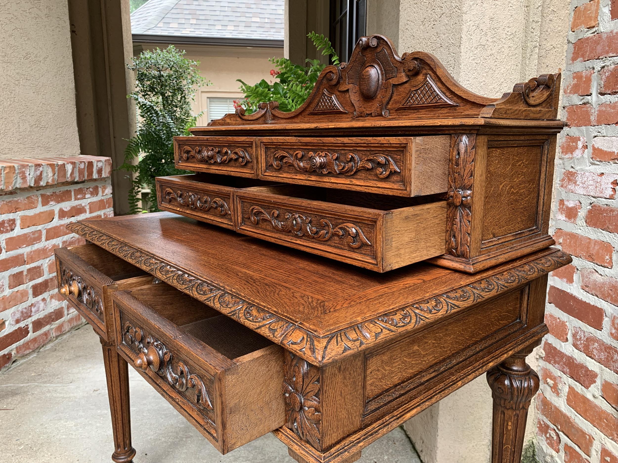 Antique Petite French Carved Oak Secretary Writing Desk Table Louis XVI c1890 For Sale 7