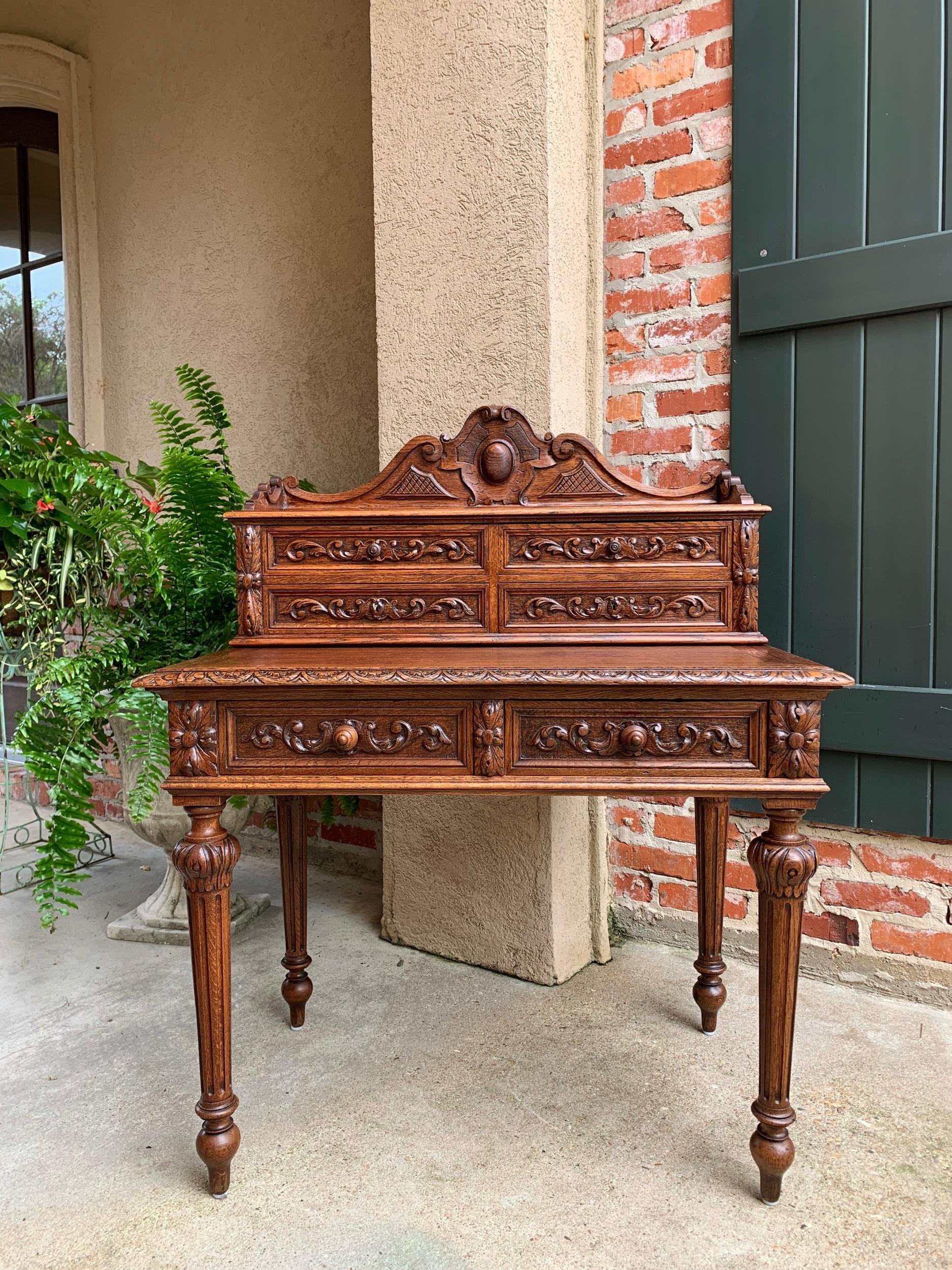 Antique Petite French Carved Oak Secretary Writing Desk Table Louis XVI c1890 In Good Condition For Sale In Shreveport, LA