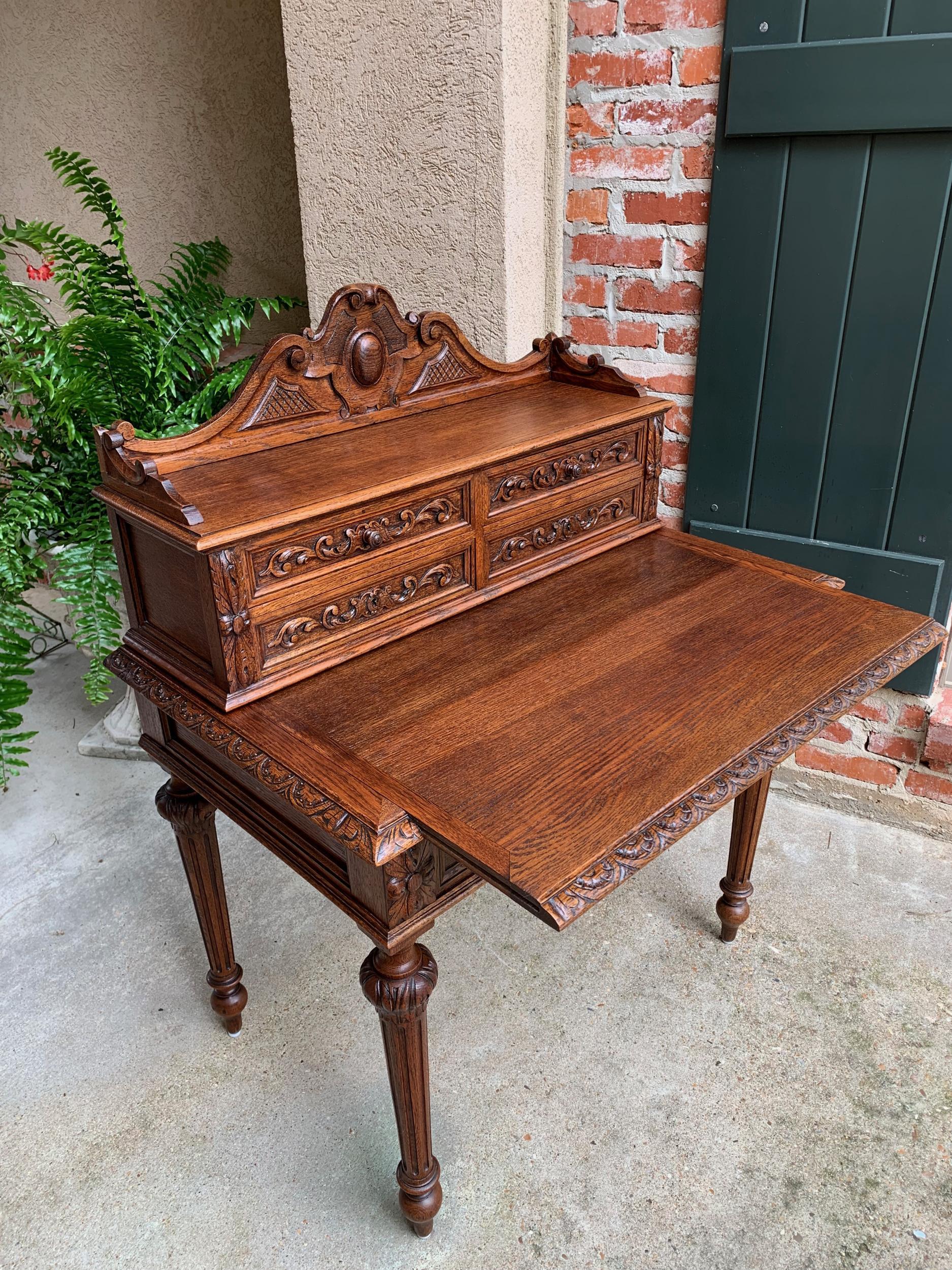 Antique Petite French Carved Oak Secretary Writing Desk Table Louis XVI c1890 For Sale 2