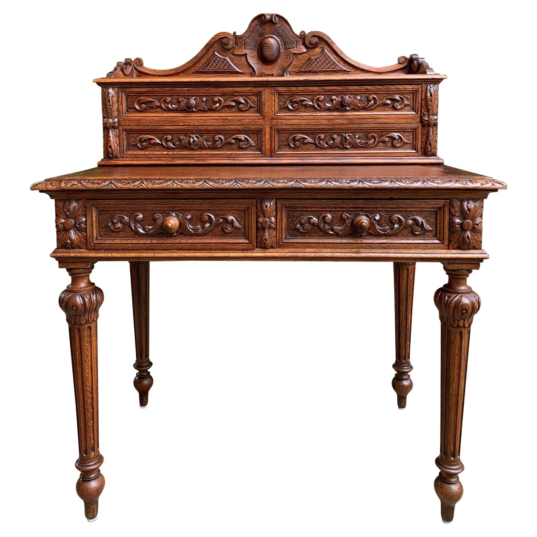 19th century Petite French Carved Oak Secretary Writing Desk Table Louis XVI  For Sale