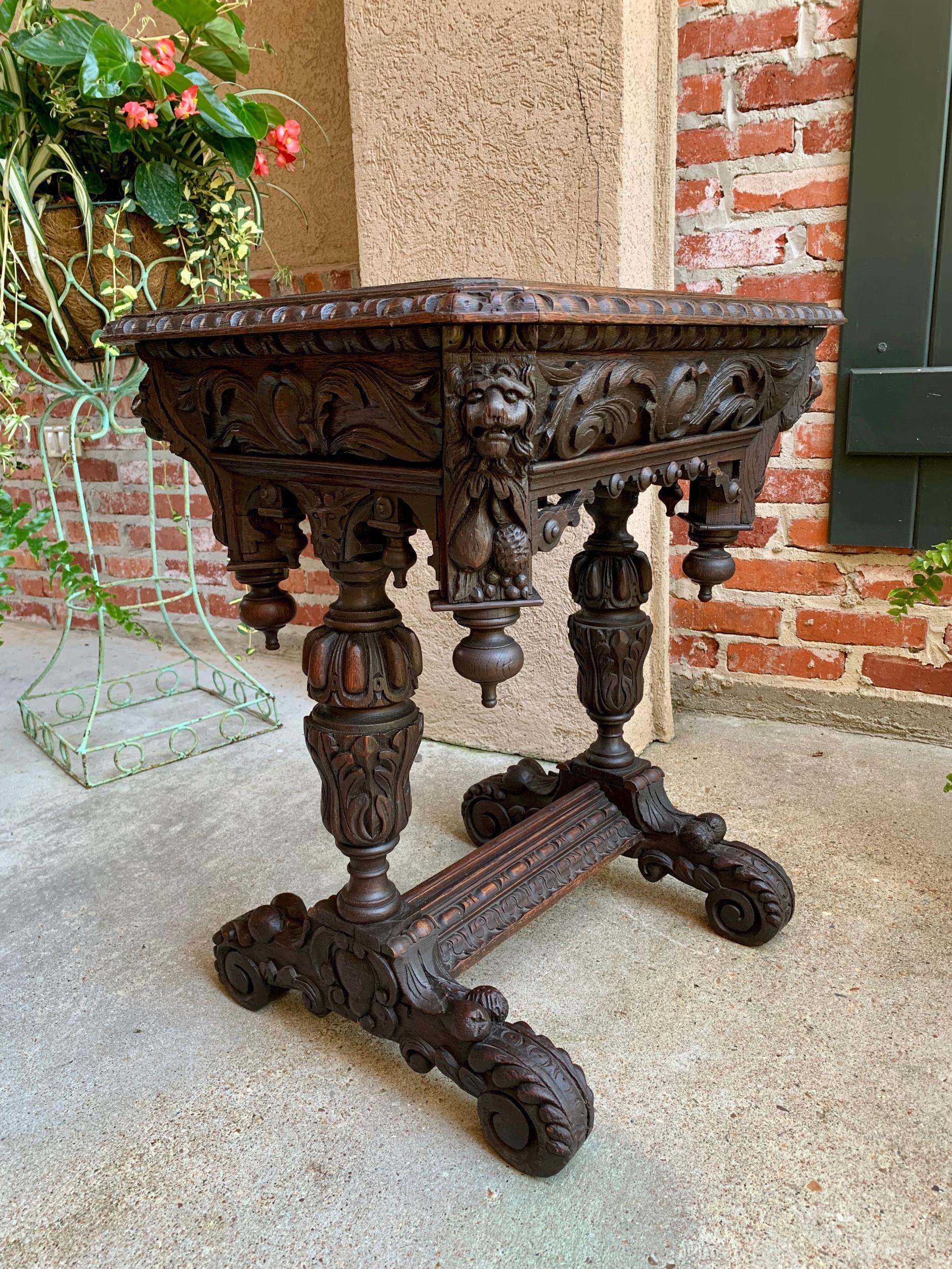 19th century Petite French carved oak sofa side table Renaissance Black Forest

~Direct from France~
~A wonderful antique French carved oak table or “bureau plat” desk~
~Unique, very petite size, yet will all the amazing carved features that we