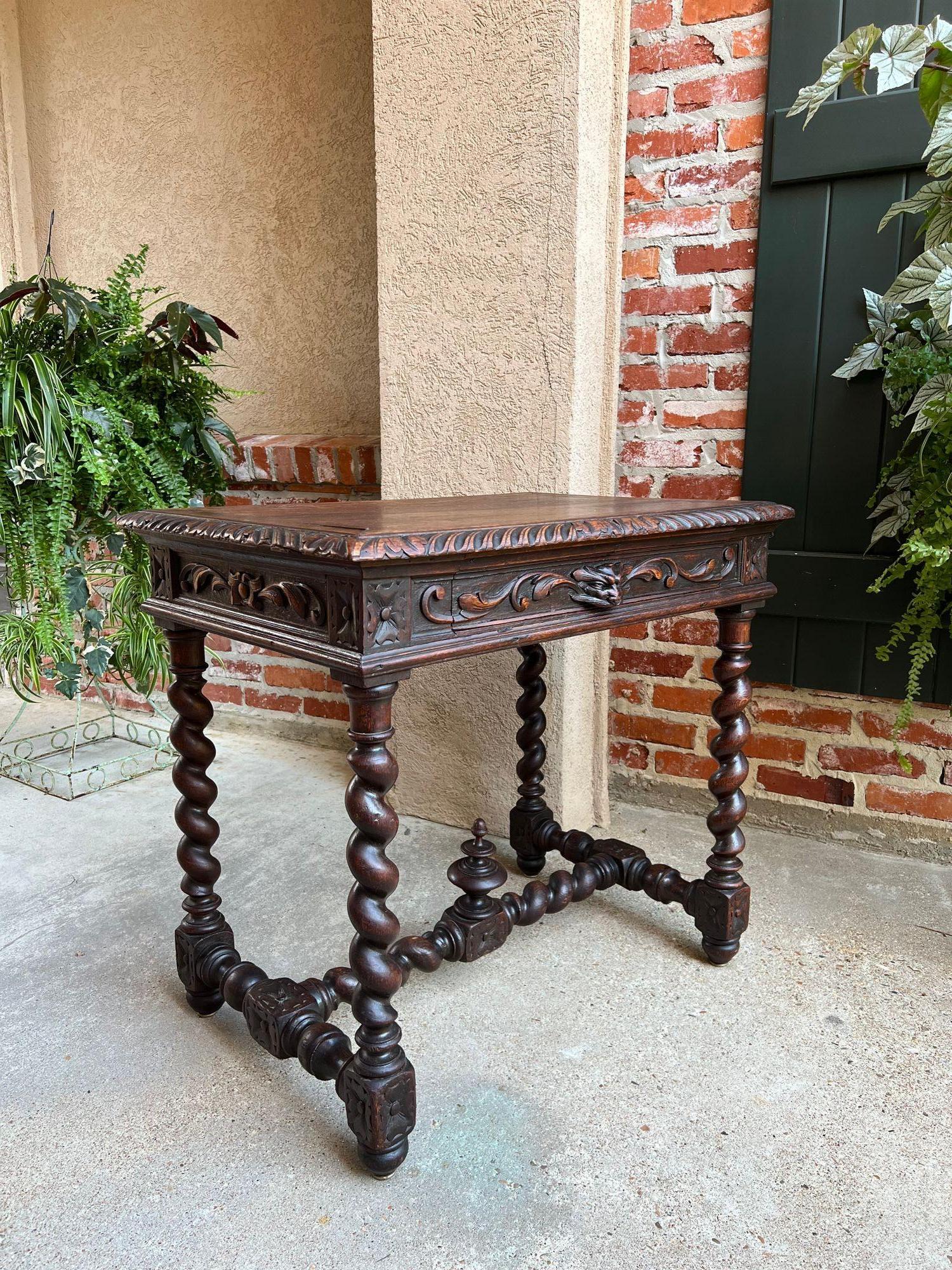 Hand-Carved 19th Century Petite French Carved Oak Sofa Table Desk Barley Twist Louis XIII