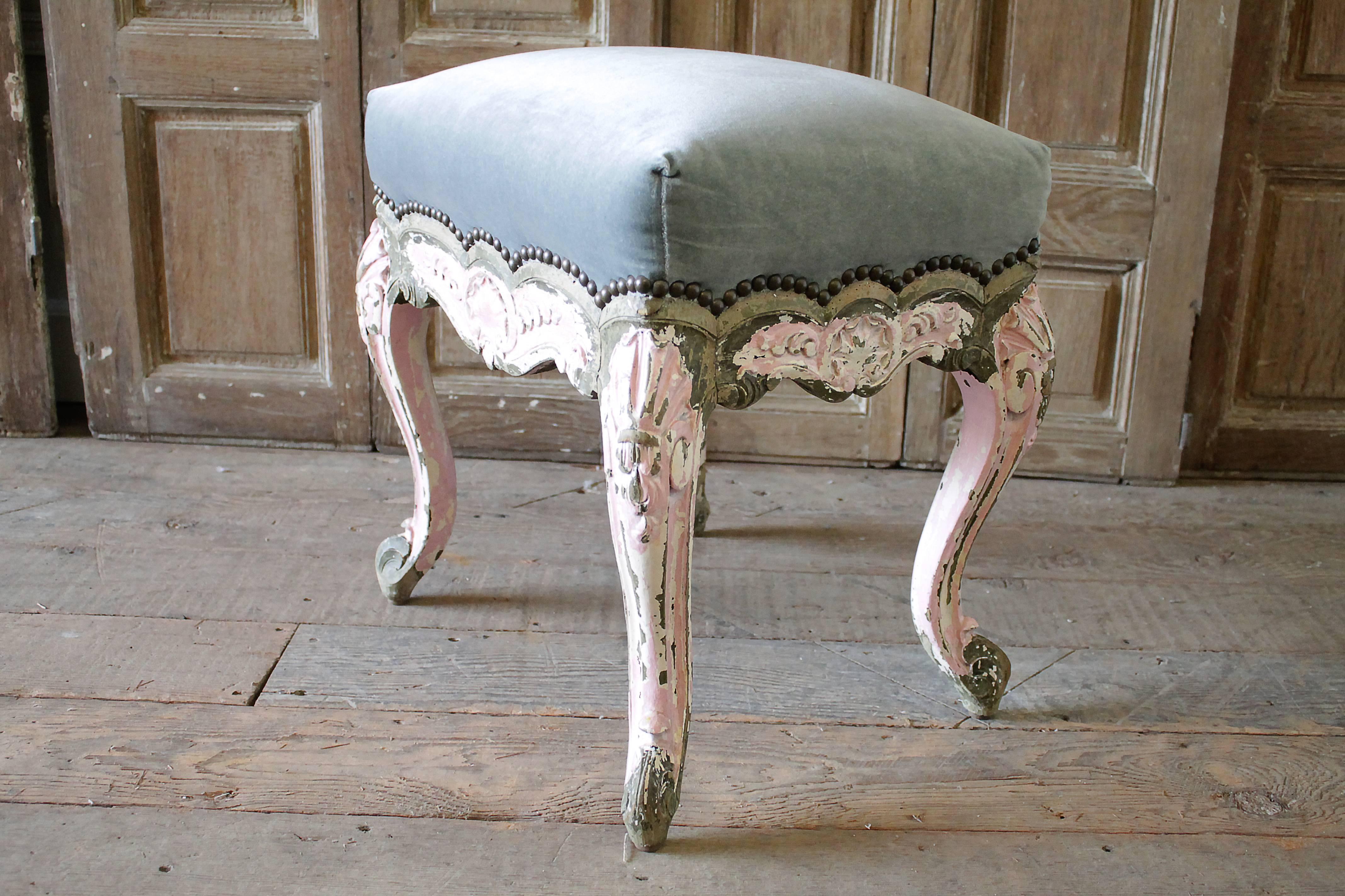 Hand-Carved 19th Century Petite French Painted Louis XV Style Vanity Stool