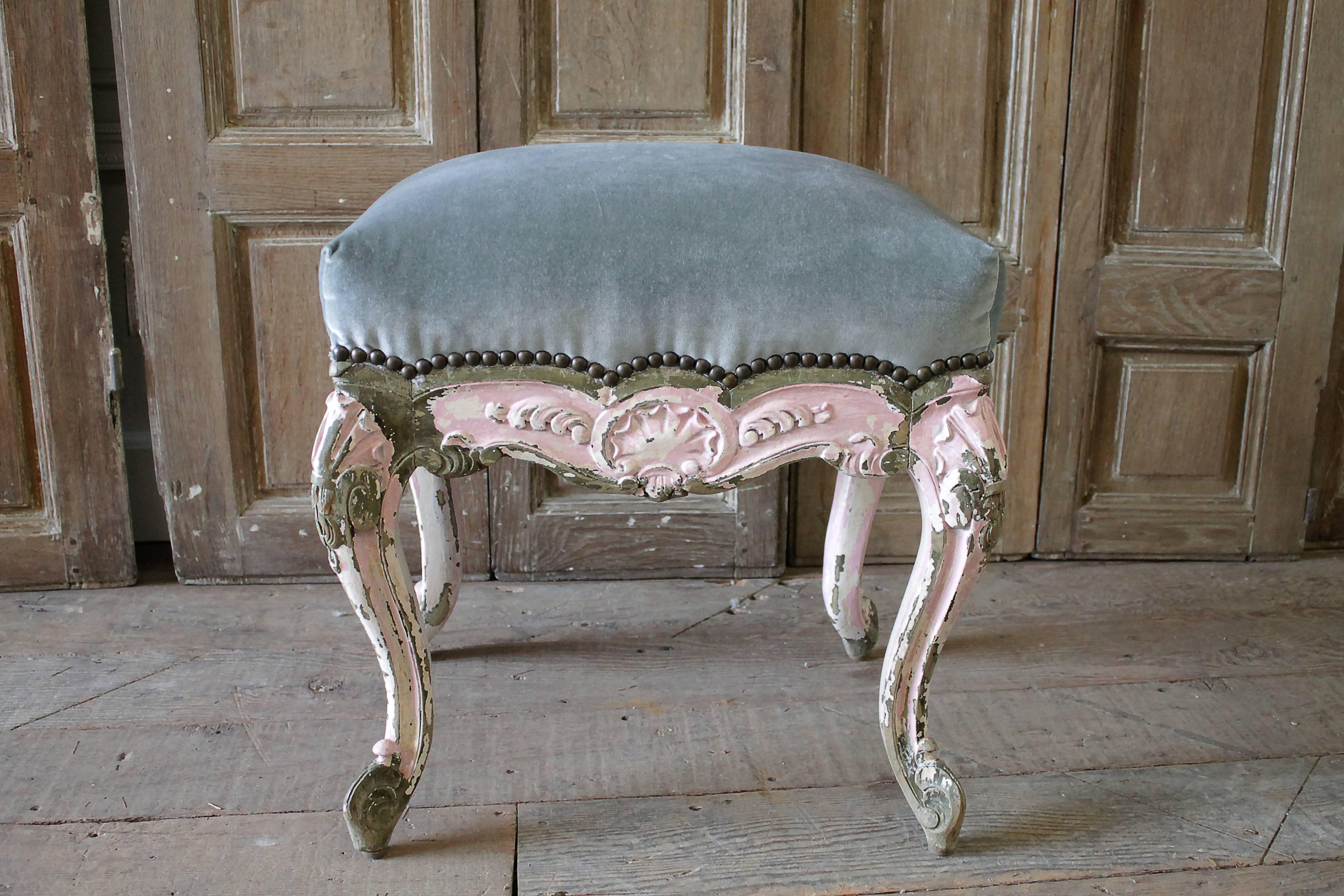 Wood 19th Century Petite French Painted Louis XV Style Vanity Stool