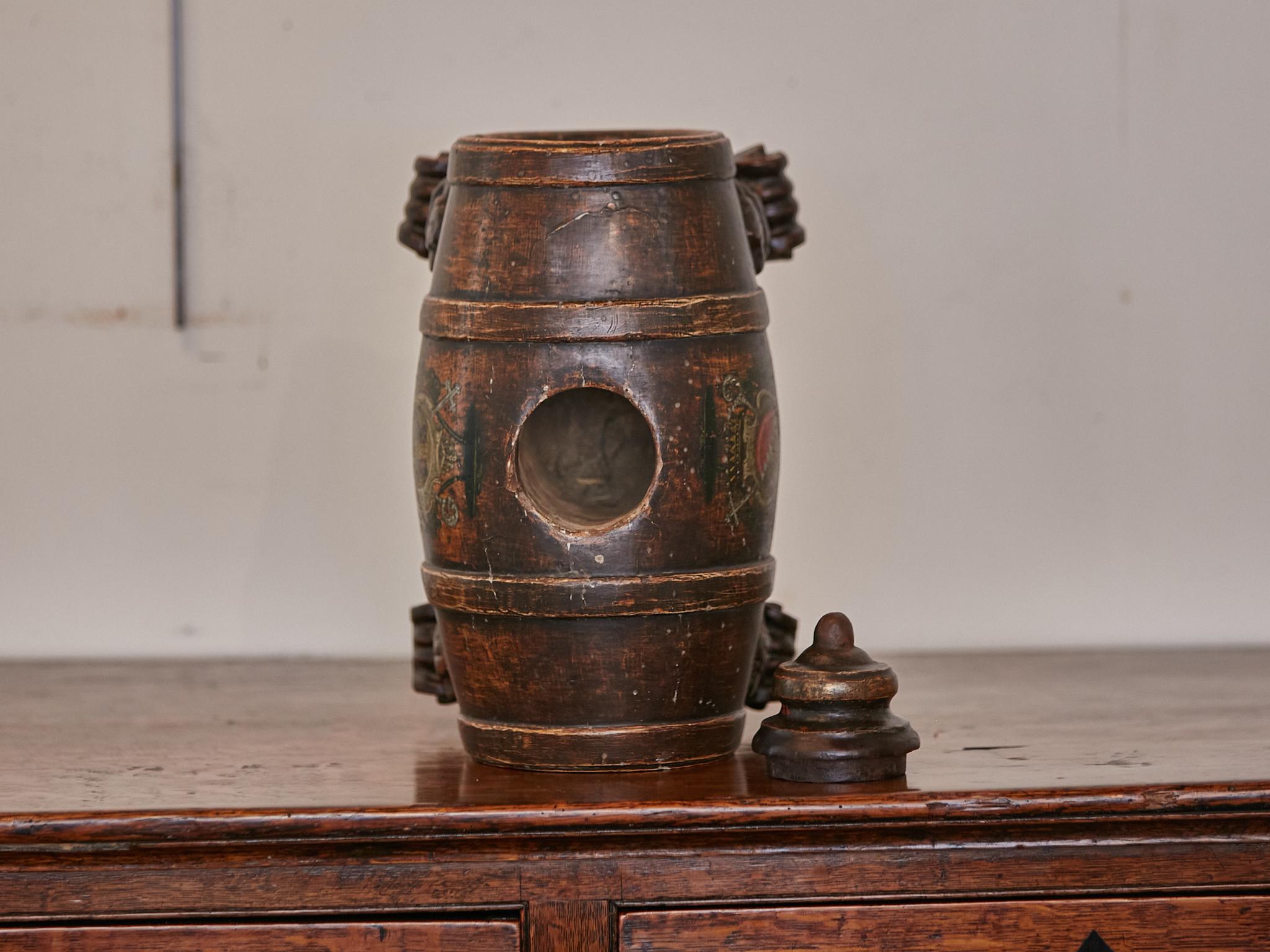 19th Century Petite Italian Wooden Spirit Barrel with Carved Scrolling Legs 7