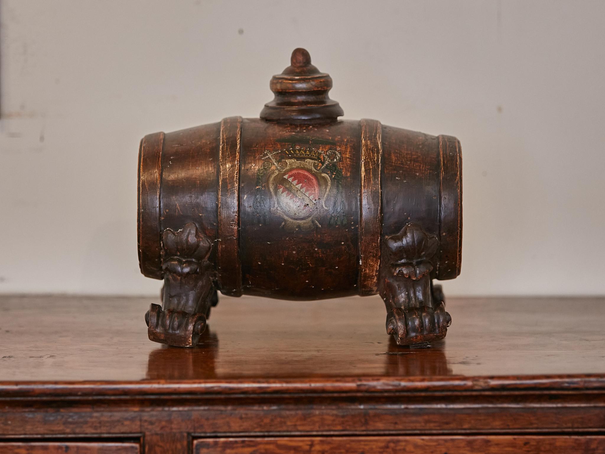 Painted 19th Century Petite Italian Wooden Spirit Barrel with Carved Scrolling Legs For Sale