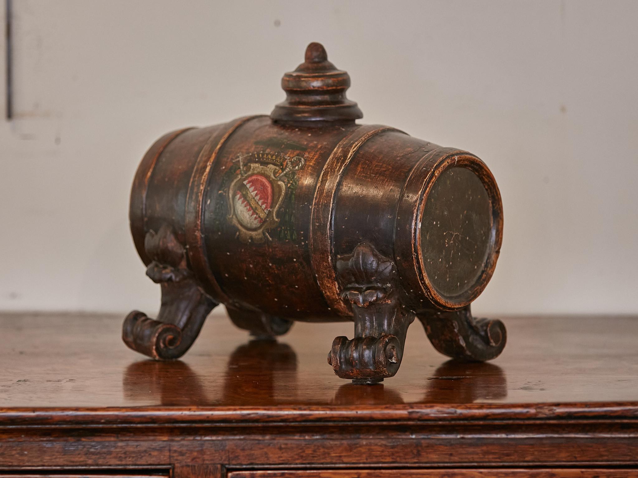 19th Century Petite Italian Wooden Spirit Barrel with Carved Scrolling Legs In Good Condition For Sale In Atlanta, GA