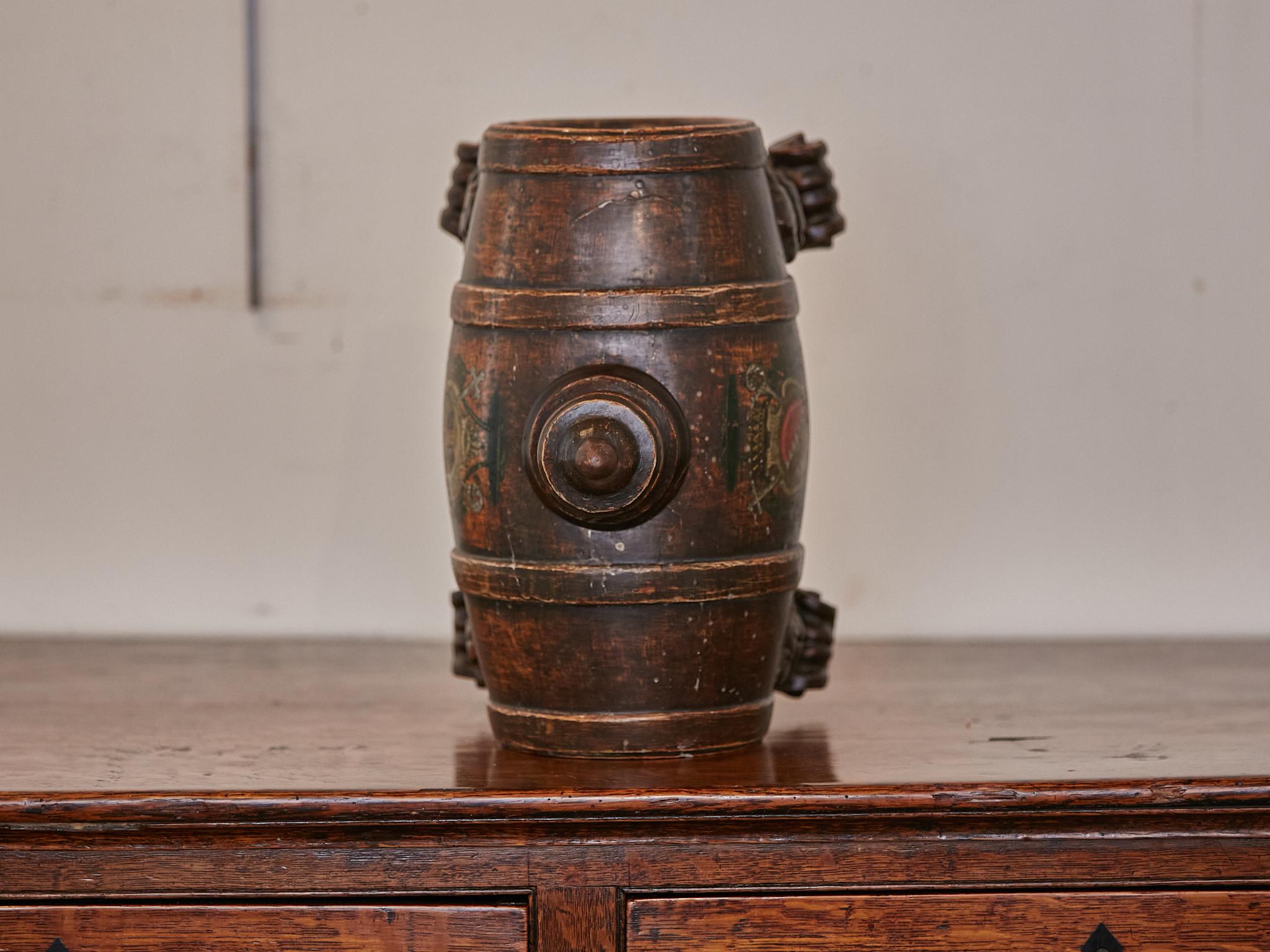19th Century Petite Italian Wooden Spirit Barrel with Carved Scrolling Legs For Sale 4