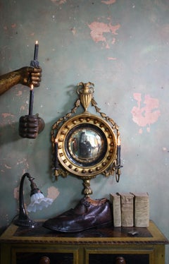 19th Century Petite Regency Carved Giltwood Convex Girandole Mirror