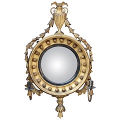 19th Century Petite Regency Carved Giltwood Convex Girandole Mirror