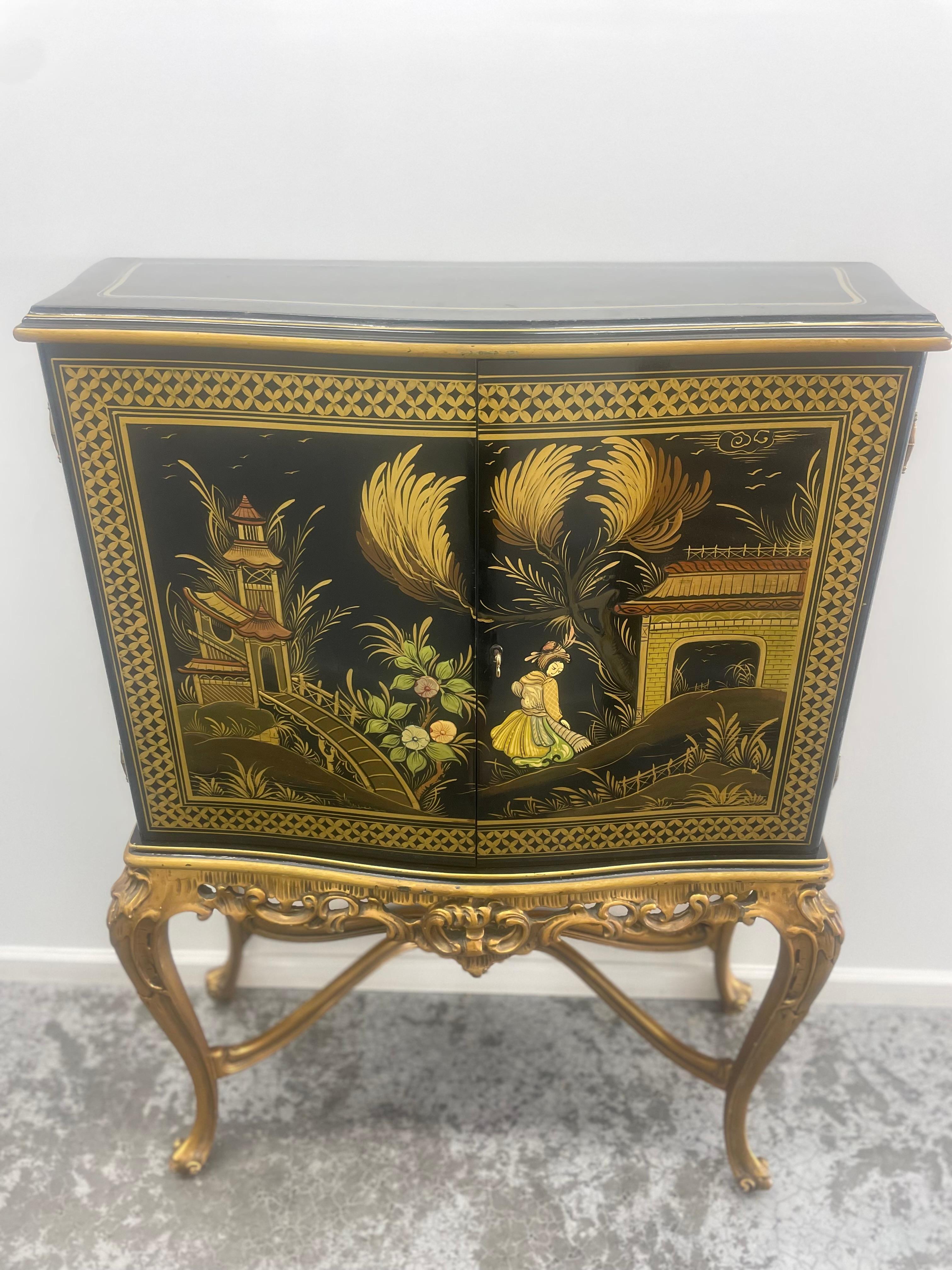 19th Century Petite Rococo Style Asian Dry Bar Chinoiserie Hand Painted For Sale 3