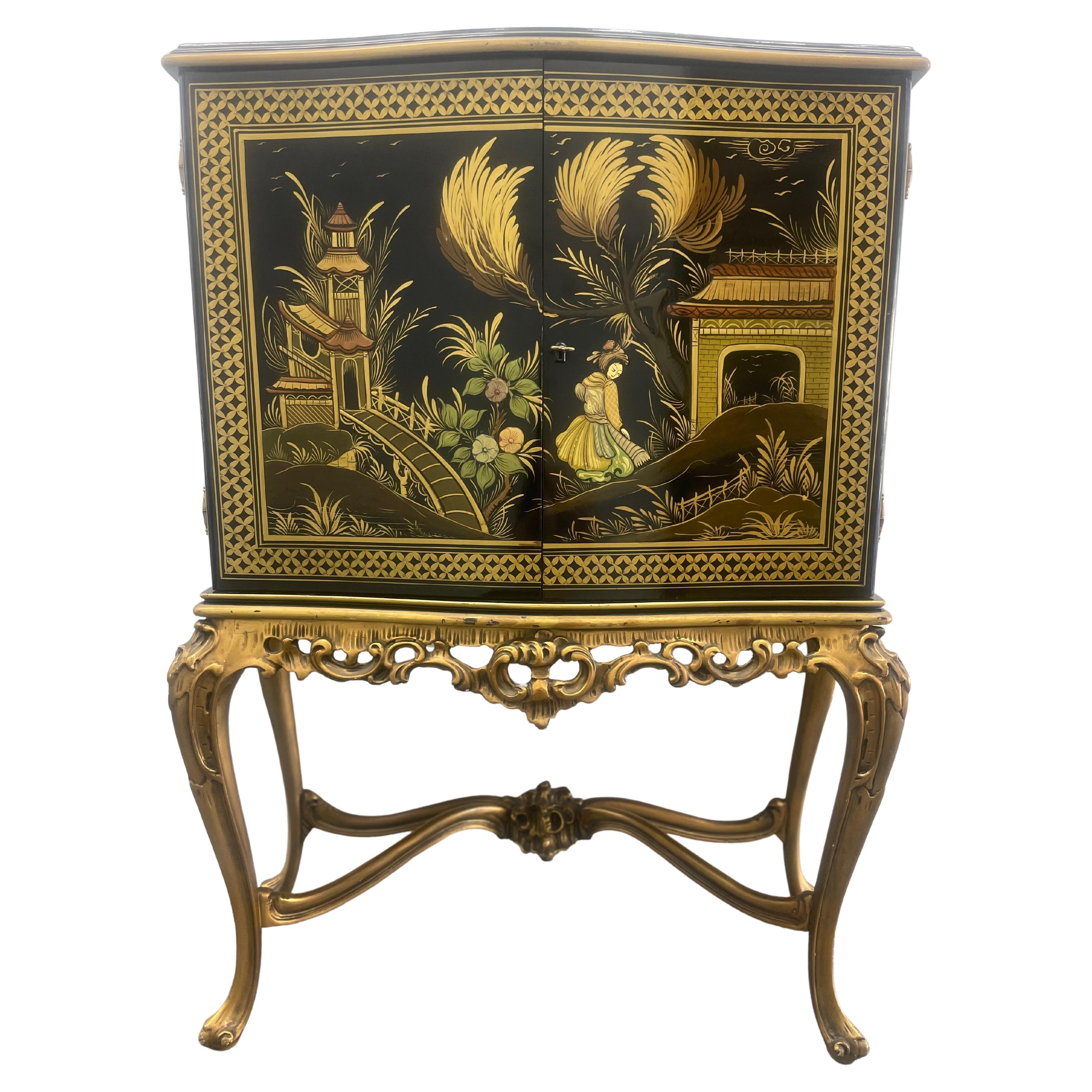 19th Century Petite Rococo Style Asian Dry Bar Chinoiserie Hand Painted For Sale